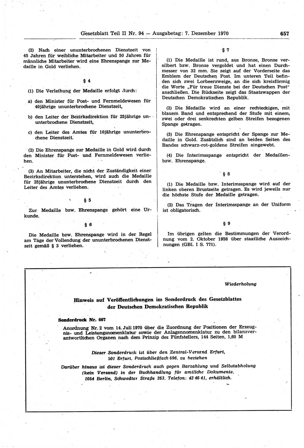 Gesetzblatt (GBl.) der Deutschen Demokratischen Republik (DDR) Teil ⅠⅠ 1970, Seite 657 (GBl. DDR ⅠⅠ 1970, S. 657)