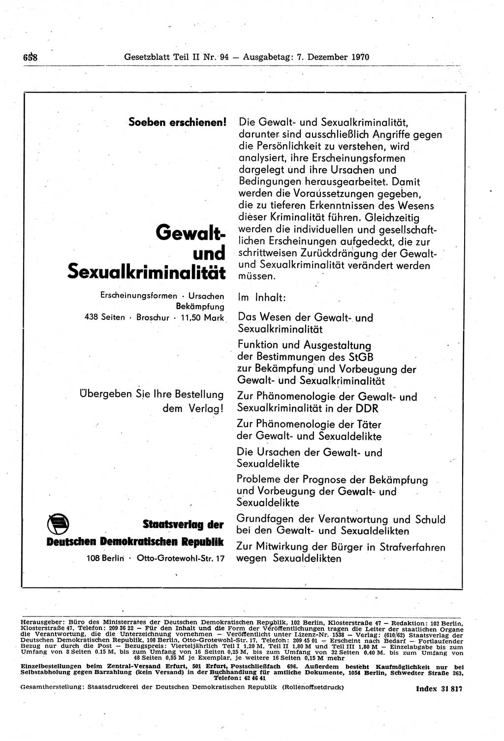 Gesetzblatt (GBl.) der Deutschen Demokratischen Republik (DDR) Teil ⅠⅠ 1970, Seite 658 (GBl. DDR ⅠⅠ 1970, S. 658)