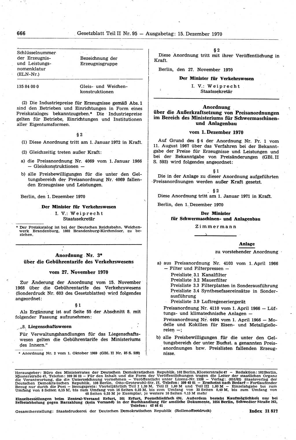 Gesetzblatt (GBl.) der Deutschen Demokratischen Republik (DDR) Teil ⅠⅠ 1970, Seite 666 (GBl. DDR ⅠⅠ 1970, S. 666)