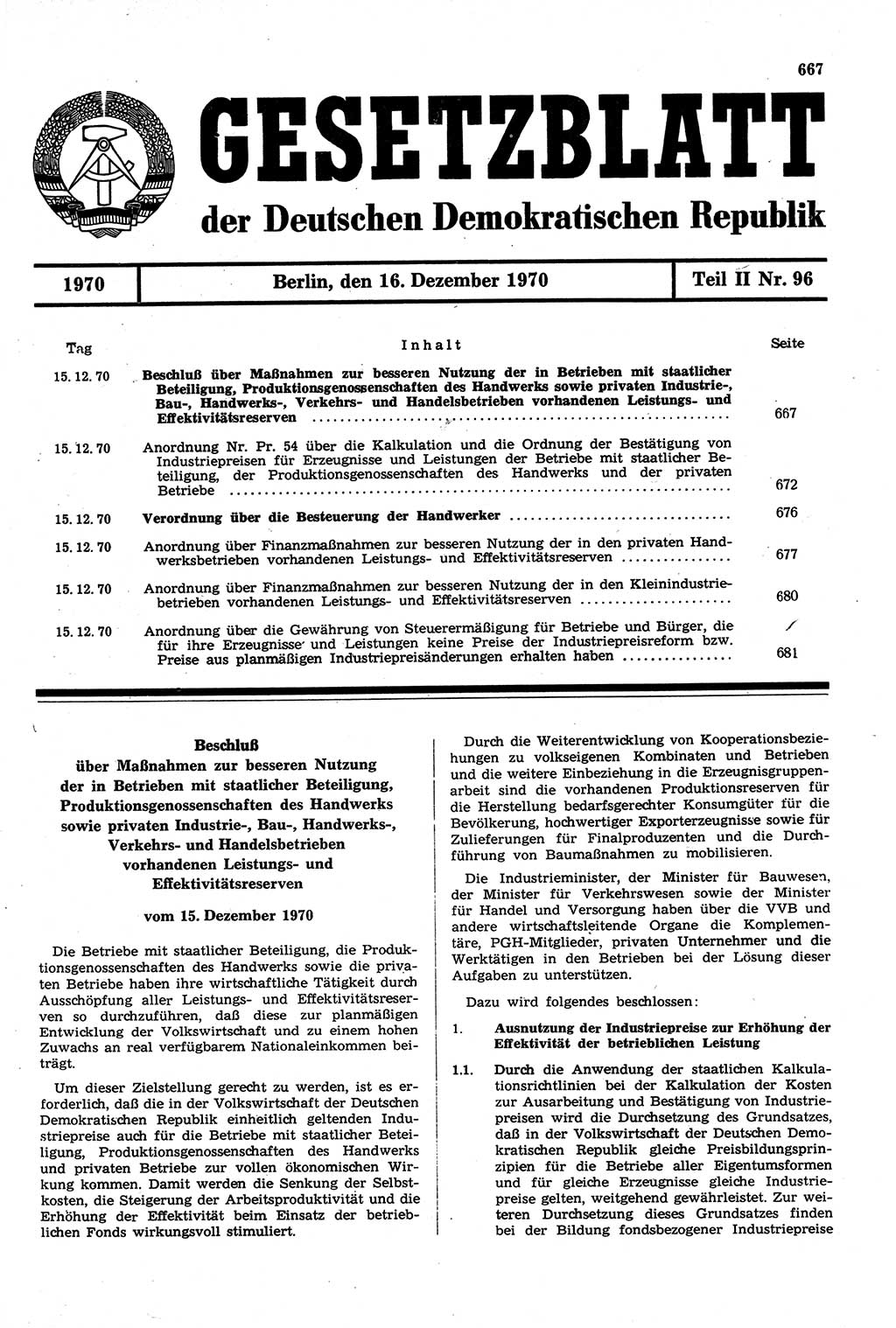 Gesetzblatt (GBl.) der Deutschen Demokratischen Republik (DDR) Teil ⅠⅠ 1970, Seite 667 (GBl. DDR ⅠⅠ 1970, S. 667)