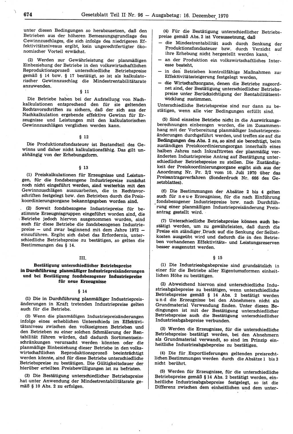 Gesetzblatt (GBl.) der Deutschen Demokratischen Republik (DDR) Teil ⅠⅠ 1970, Seite 674 (GBl. DDR ⅠⅠ 1970, S. 674)