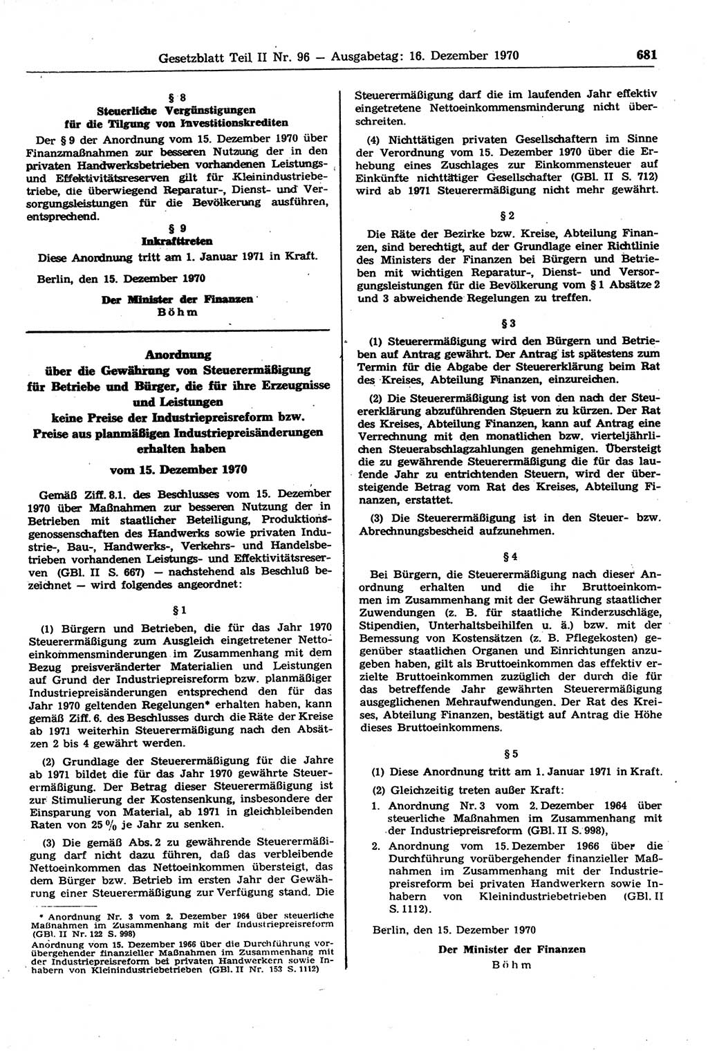 Gesetzblatt (GBl.) der Deutschen Demokratischen Republik (DDR) Teil ⅠⅠ 1970, Seite 681 (GBl. DDR ⅠⅠ 1970, S. 681)