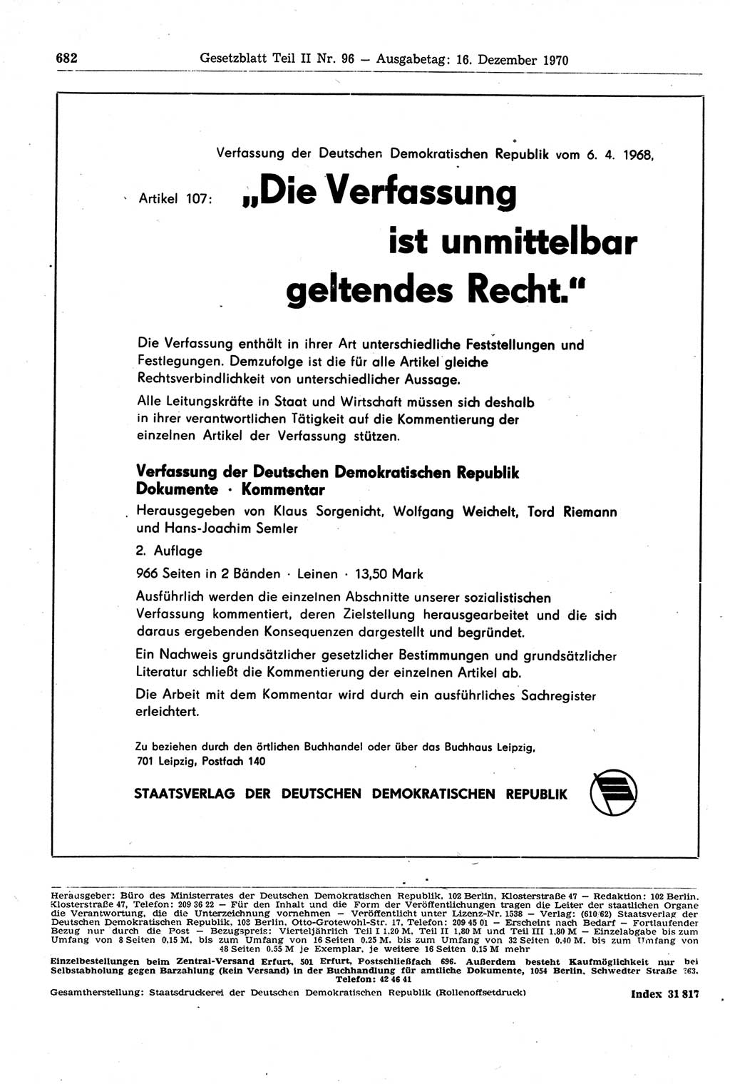 Gesetzblatt (GBl.) der Deutschen Demokratischen Republik (DDR) Teil ⅠⅠ 1970, Seite 682 (GBl. DDR ⅠⅠ 1970, S. 682)