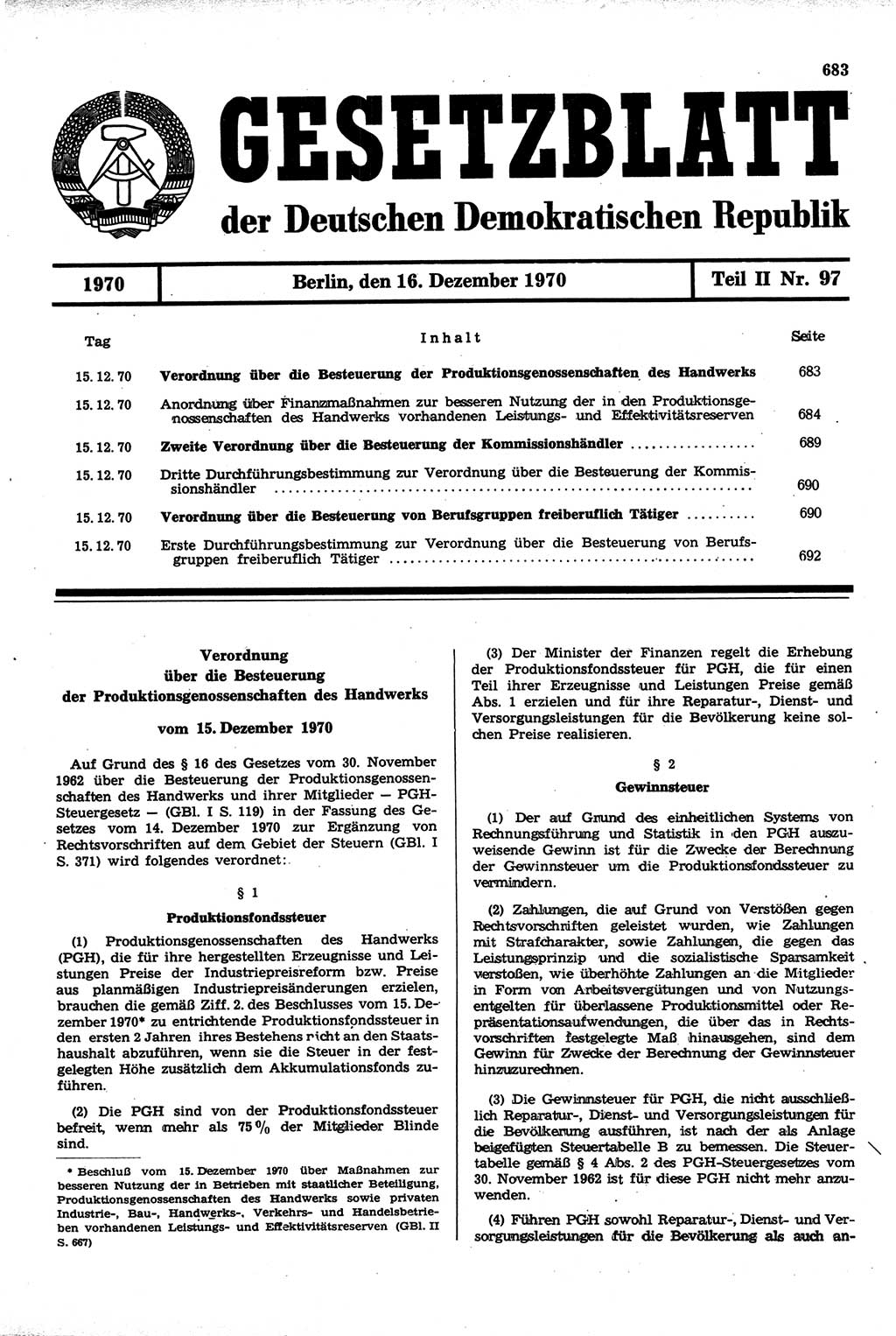 Gesetzblatt (GBl.) der Deutschen Demokratischen Republik (DDR) Teil ⅠⅠ 1970, Seite 683 (GBl. DDR ⅠⅠ 1970, S. 683)