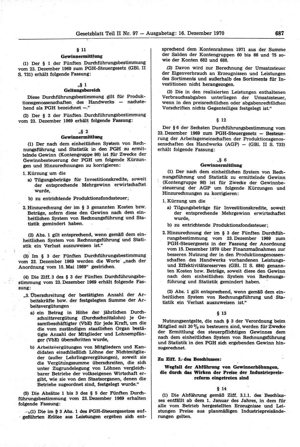 Gesetzblatt (GBl.) der Deutschen Demokratischen Republik (DDR) Teil ⅠⅠ 1970, Seite 687 (GBl. DDR ⅠⅠ 1970, S. 687)