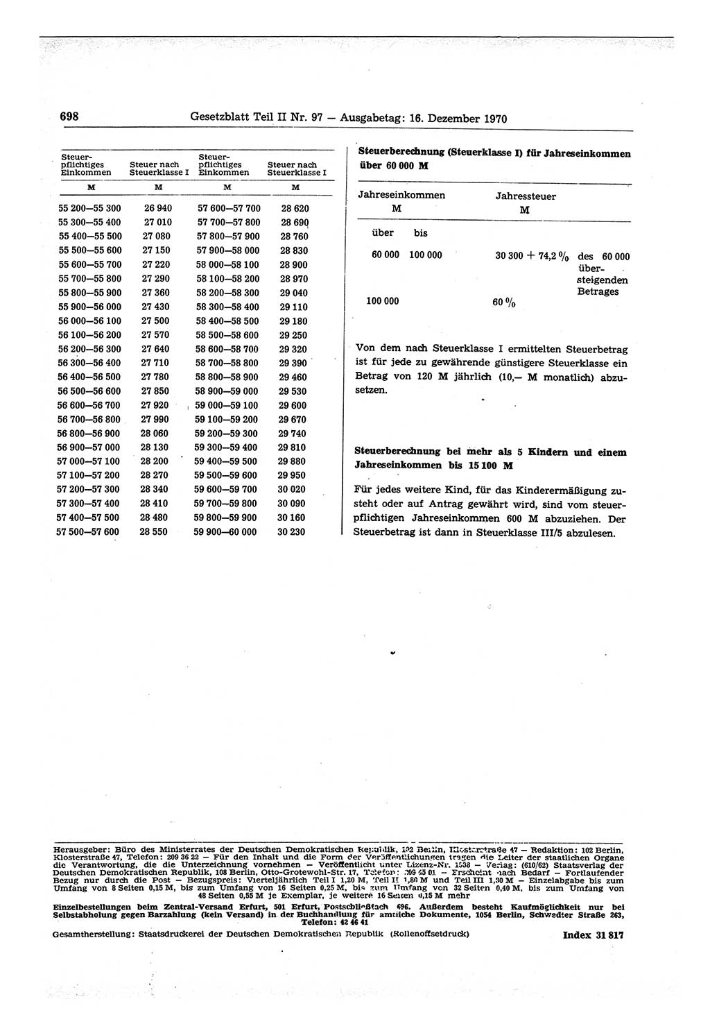 Gesetzblatt (GBl.) der Deutschen Demokratischen Republik (DDR) Teil ⅠⅠ 1970, Seite 698 (GBl. DDR ⅠⅠ 1970, S. 698)