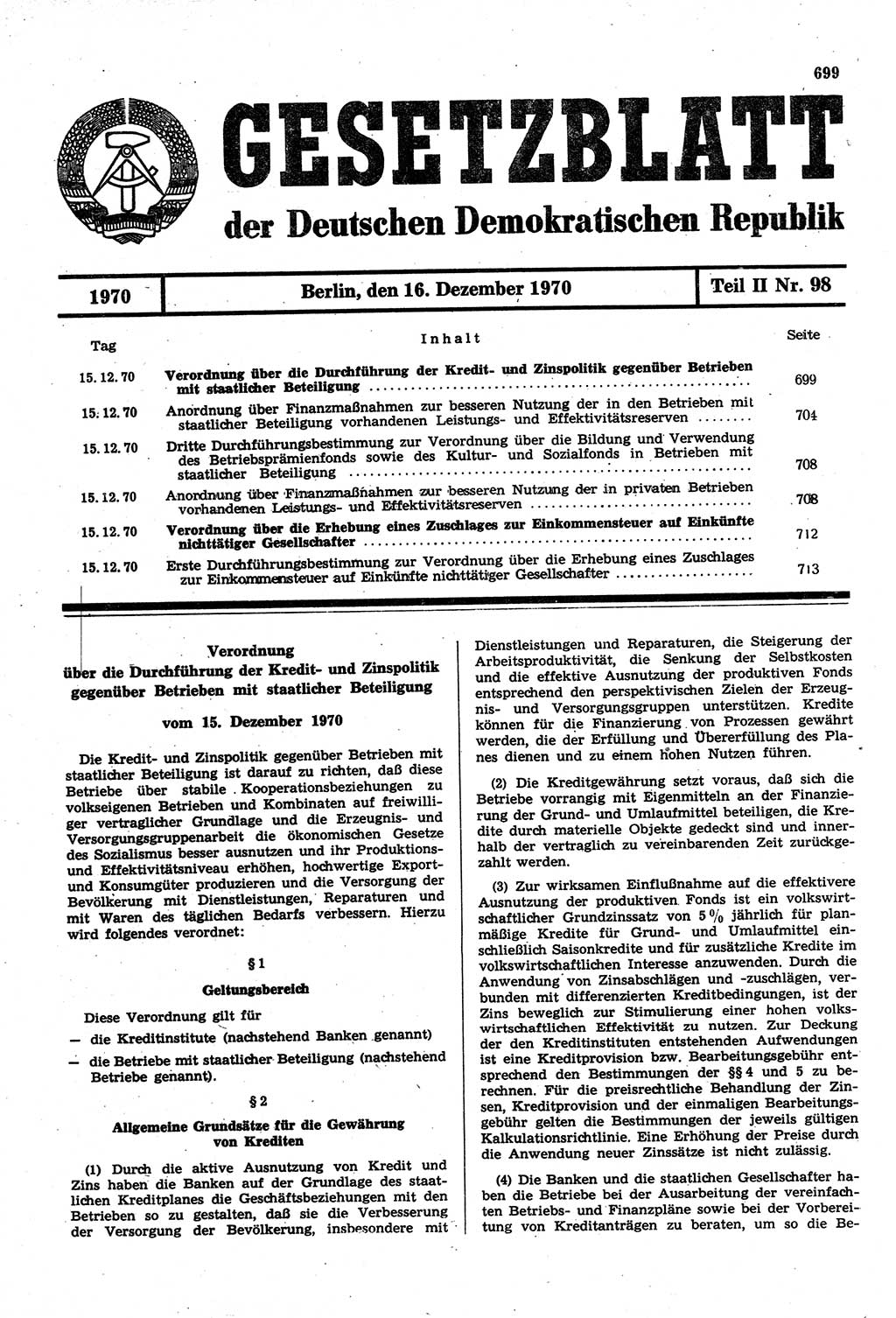 Gesetzblatt (GBl.) der Deutschen Demokratischen Republik (DDR) Teil ⅠⅠ 1970, Seite 699 (GBl. DDR ⅠⅠ 1970, S. 699)