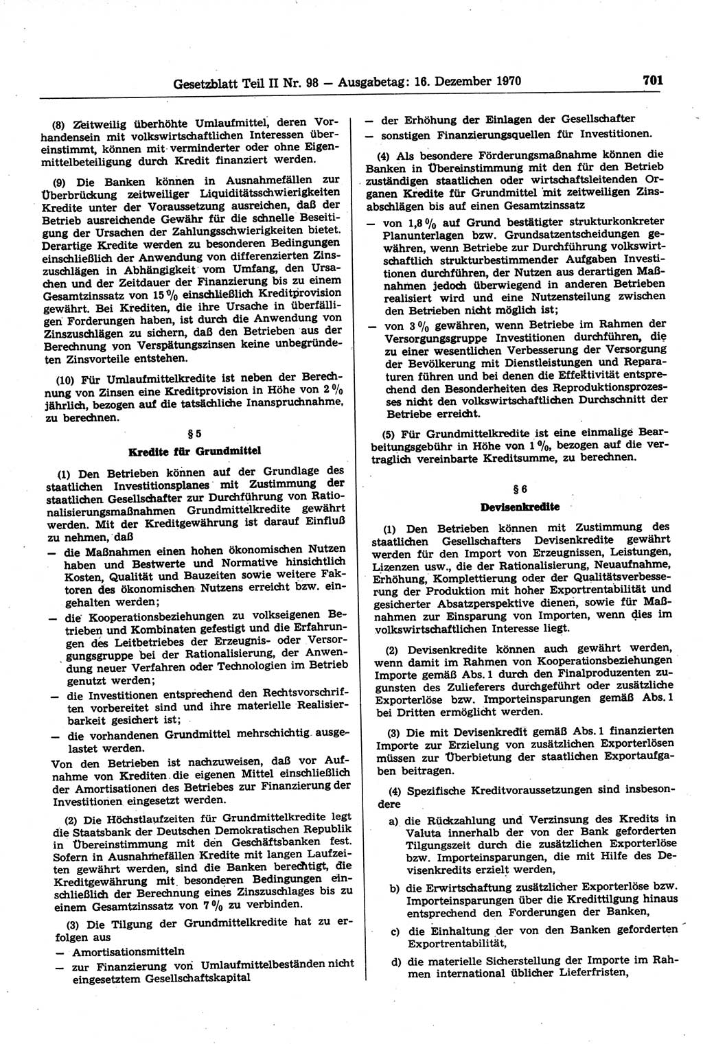 Gesetzblatt (GBl.) der Deutschen Demokratischen Republik (DDR) Teil ⅠⅠ 1970, Seite 701 (GBl. DDR ⅠⅠ 1970, S. 701)