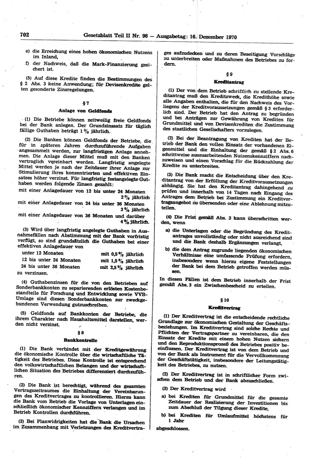 Gesetzblatt (GBl.) der Deutschen Demokratischen Republik (DDR) Teil ⅠⅠ 1970, Seite 702 (GBl. DDR ⅠⅠ 1970, S. 702)