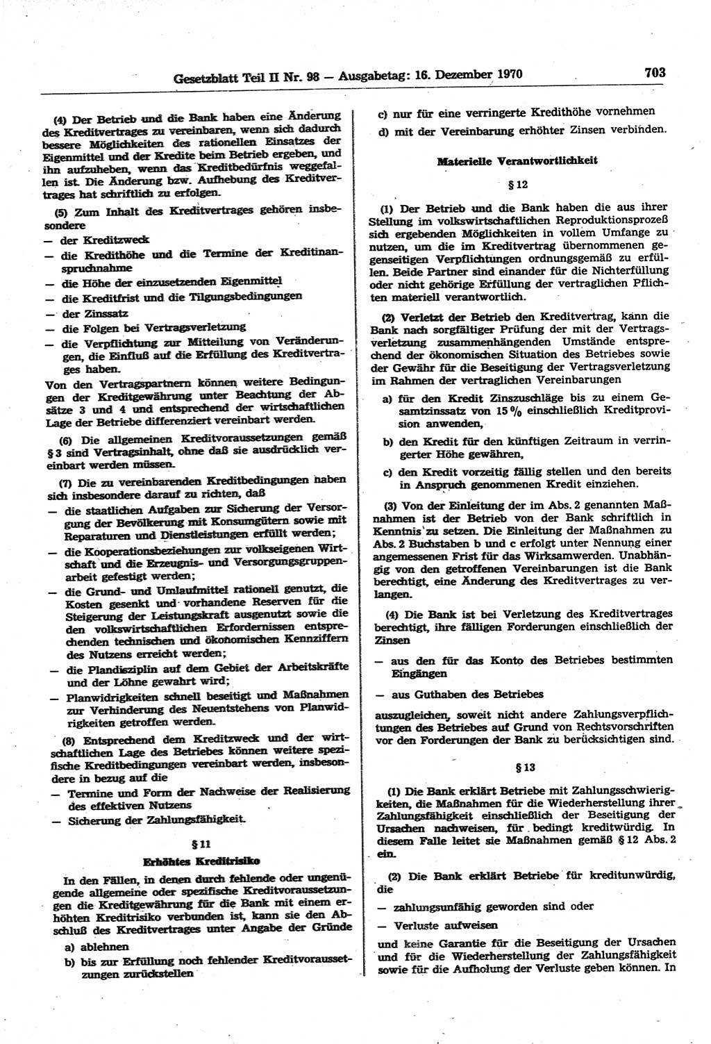 Gesetzblatt (GBl.) der Deutschen Demokratischen Republik (DDR) Teil ⅠⅠ 1970, Seite 703 (GBl. DDR ⅠⅠ 1970, S. 703)