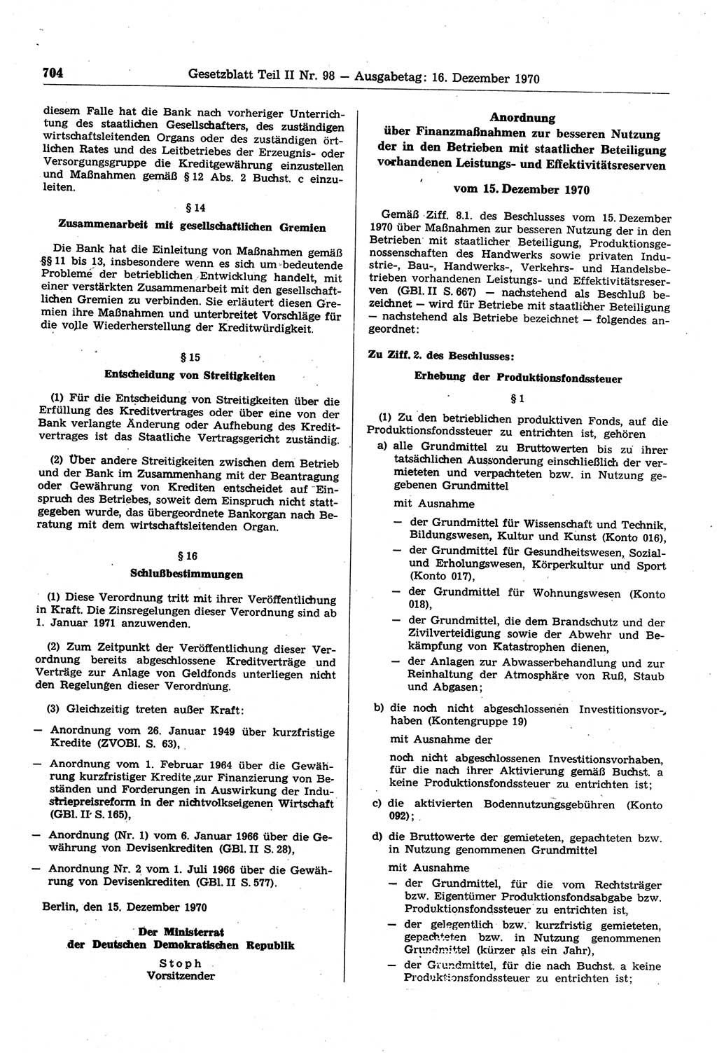 Gesetzblatt (GBl.) der Deutschen Demokratischen Republik (DDR) Teil ⅠⅠ 1970, Seite 704 (GBl. DDR ⅠⅠ 1970, S. 704)