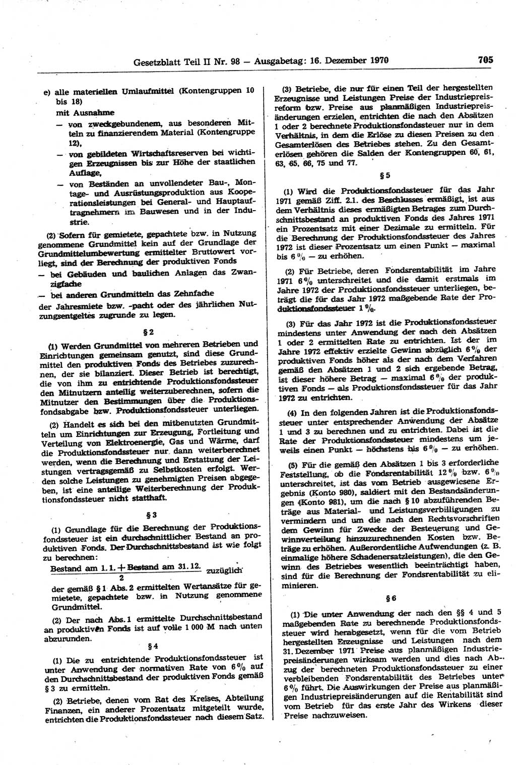 Gesetzblatt (GBl.) der Deutschen Demokratischen Republik (DDR) Teil ⅠⅠ 1970, Seite 705 (GBl. DDR ⅠⅠ 1970, S. 705)