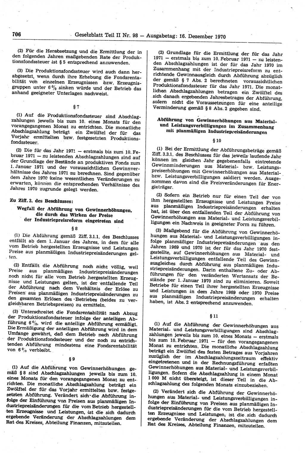 Gesetzblatt (GBl.) der Deutschen Demokratischen Republik (DDR) Teil ⅠⅠ 1970, Seite 706 (GBl. DDR ⅠⅠ 1970, S. 706)