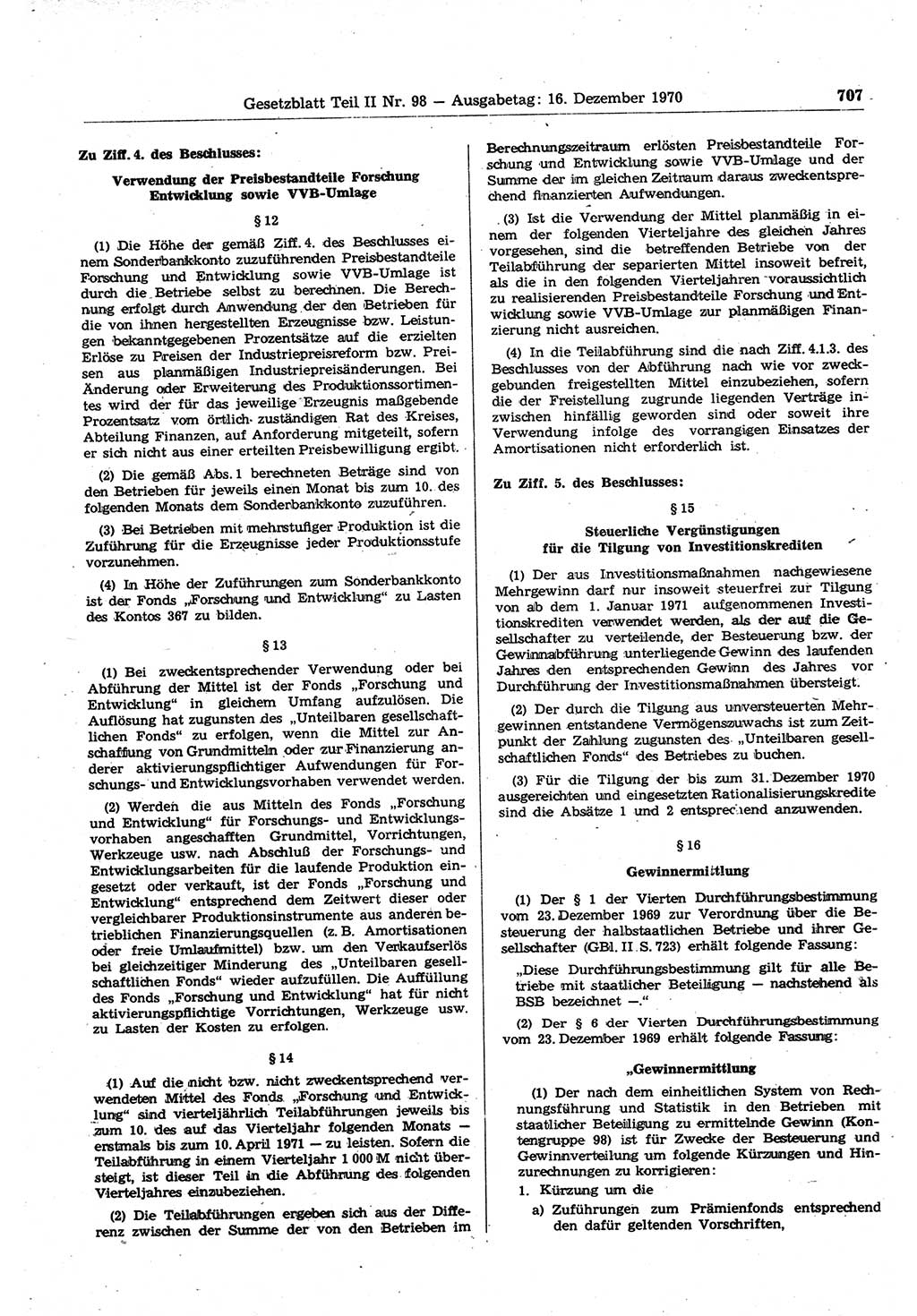 Gesetzblatt (GBl.) der Deutschen Demokratischen Republik (DDR) Teil ⅠⅠ 1970, Seite 707 (GBl. DDR ⅠⅠ 1970, S. 707)