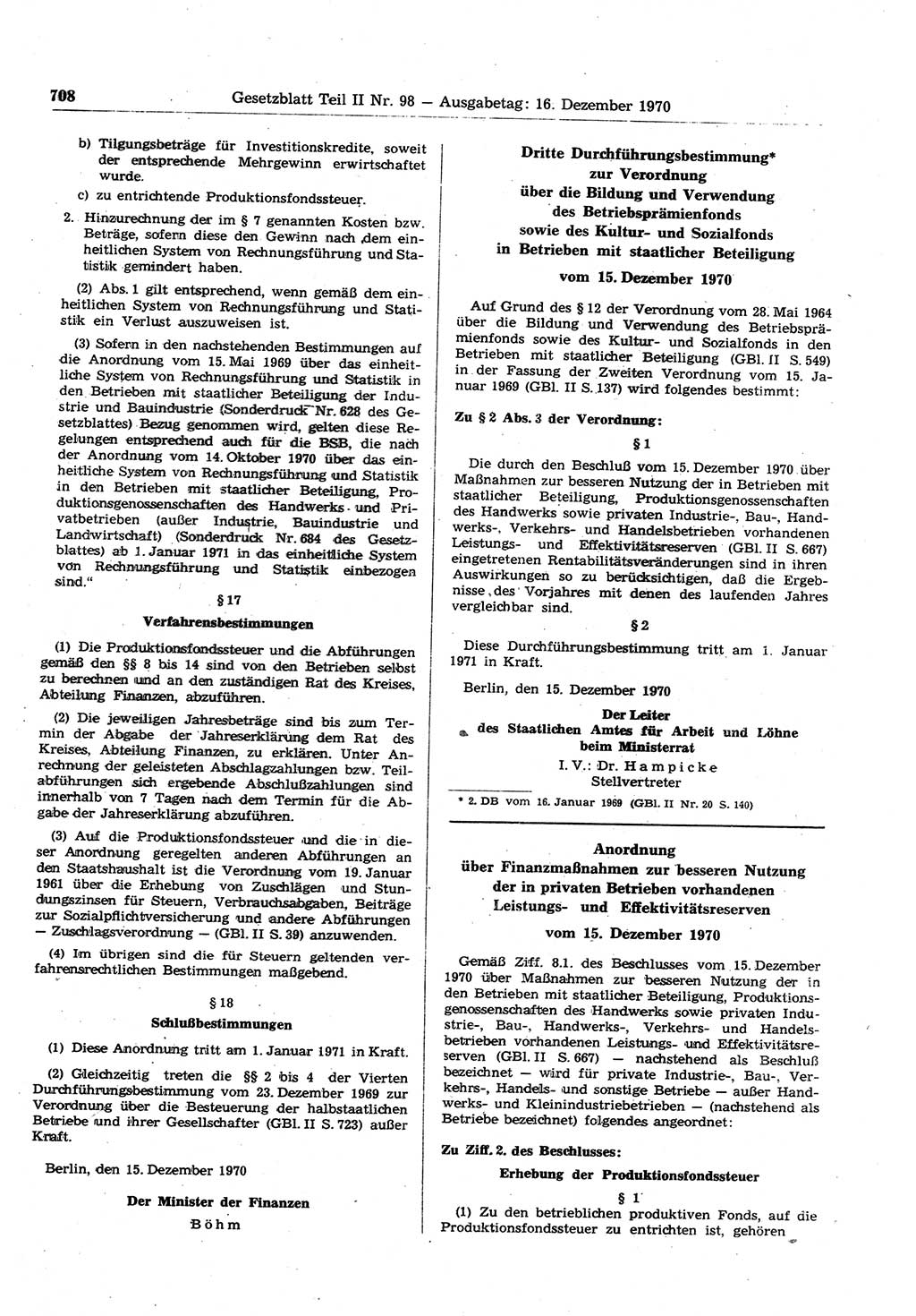 Gesetzblatt (GBl.) der Deutschen Demokratischen Republik (DDR) Teil ⅠⅠ 1970, Seite 708 (GBl. DDR ⅠⅠ 1970, S. 708)