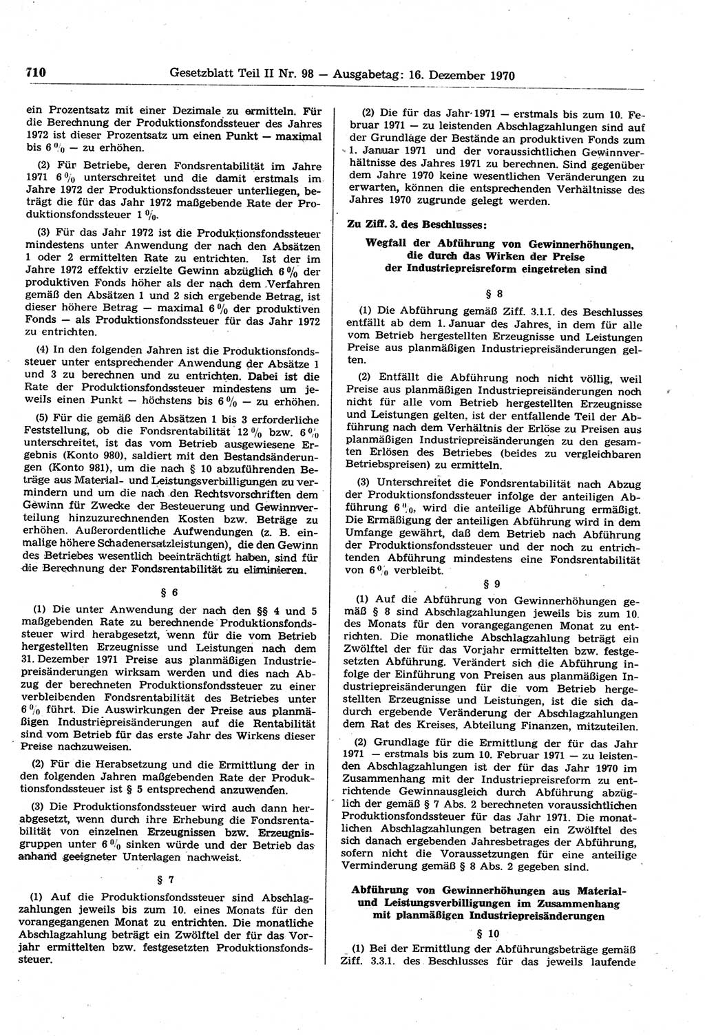 Gesetzblatt (GBl.) der Deutschen Demokratischen Republik (DDR) Teil ⅠⅠ 1970, Seite 710 (GBl. DDR ⅠⅠ 1970, S. 710)