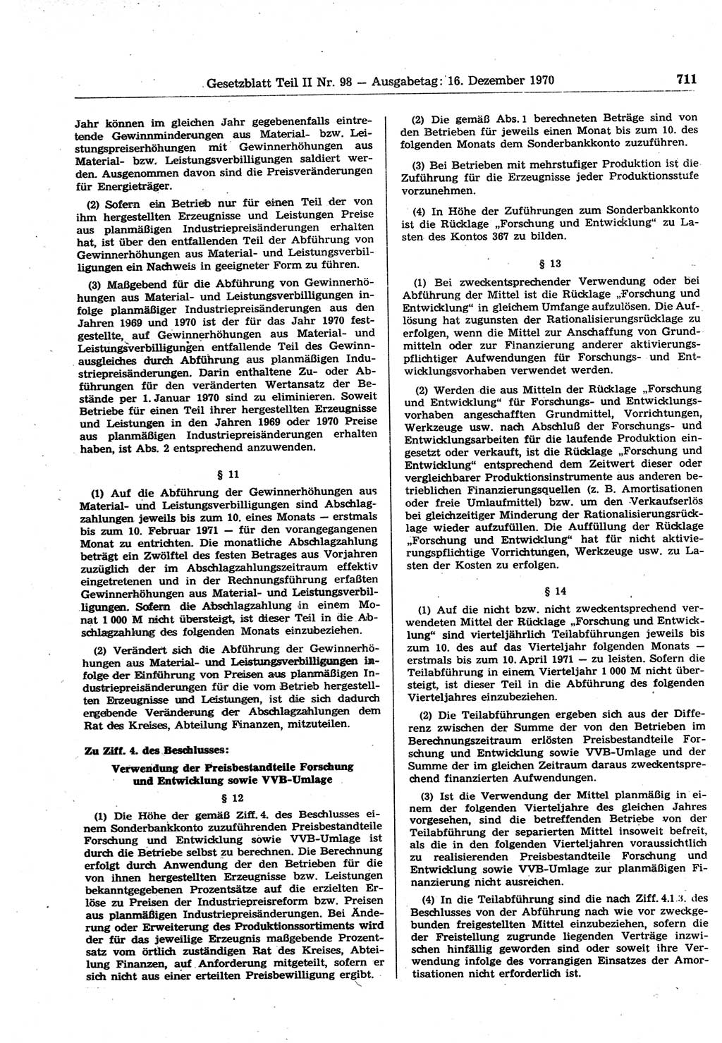 Gesetzblatt (GBl.) der Deutschen Demokratischen Republik (DDR) Teil ⅠⅠ 1970, Seite 711 (GBl. DDR ⅠⅠ 1970, S. 711)