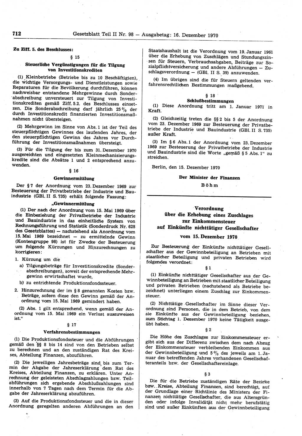 Gesetzblatt (GBl.) der Deutschen Demokratischen Republik (DDR) Teil ⅠⅠ 1970, Seite 712 (GBl. DDR ⅠⅠ 1970, S. 712)