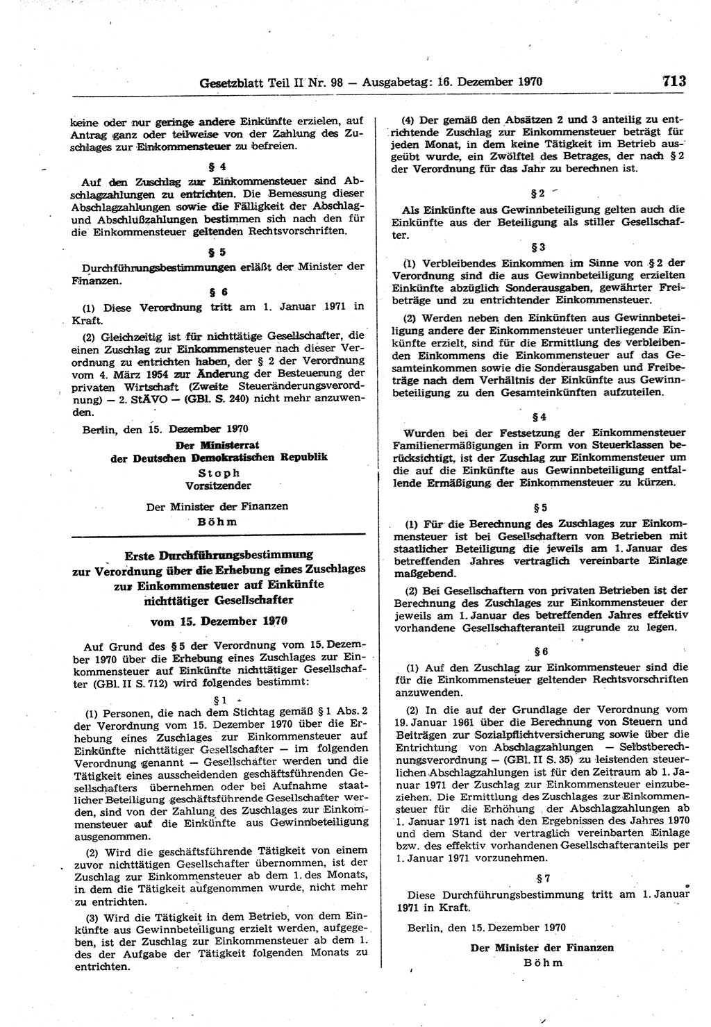 Gesetzblatt (GBl.) der Deutschen Demokratischen Republik (DDR) Teil ⅠⅠ 1970, Seite 713 (GBl. DDR ⅠⅠ 1970, S. 713)