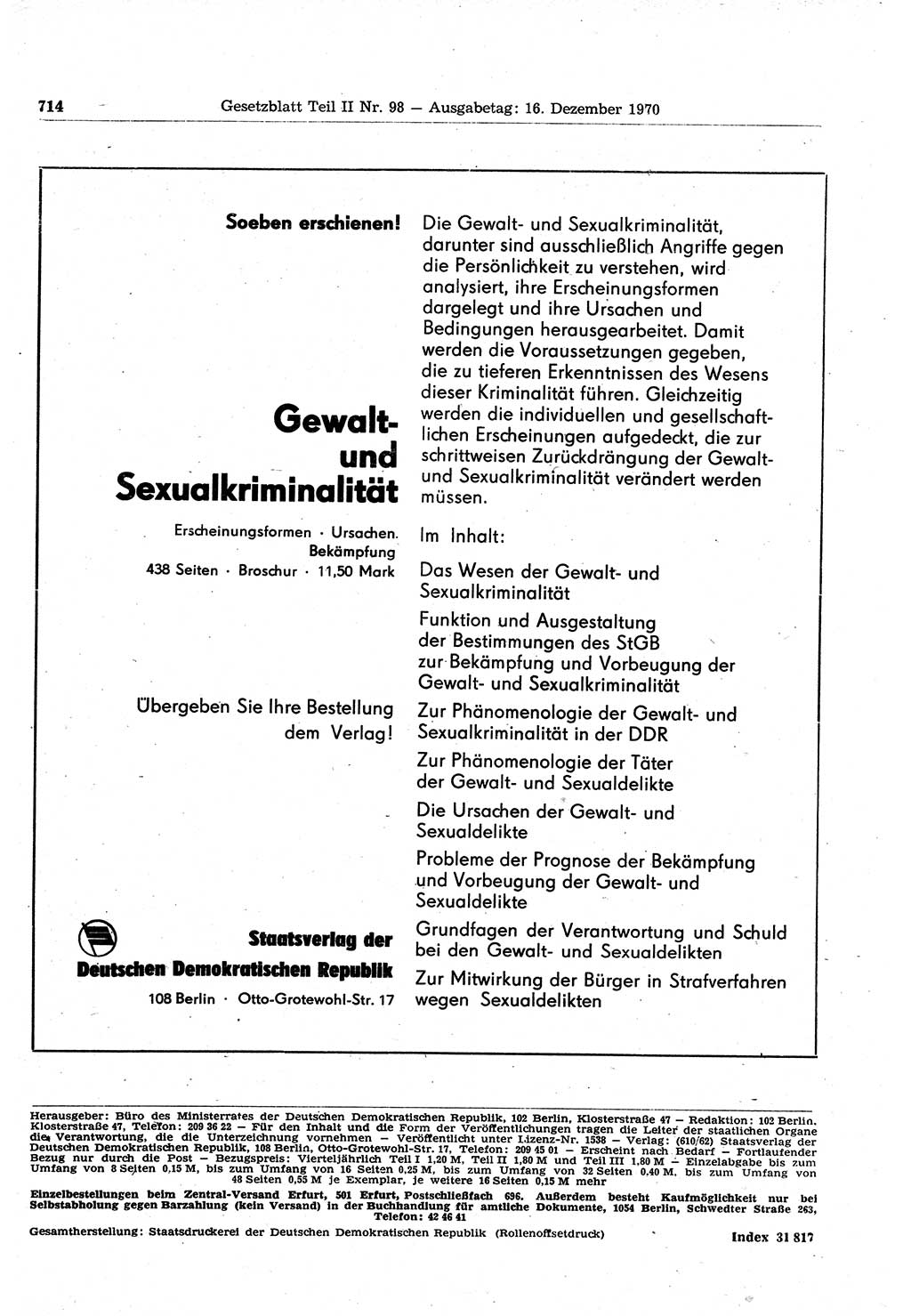 Gesetzblatt (GBl.) der Deutschen Demokratischen Republik (DDR) Teil ⅠⅠ 1970, Seite 714 (GBl. DDR ⅠⅠ 1970, S. 714)