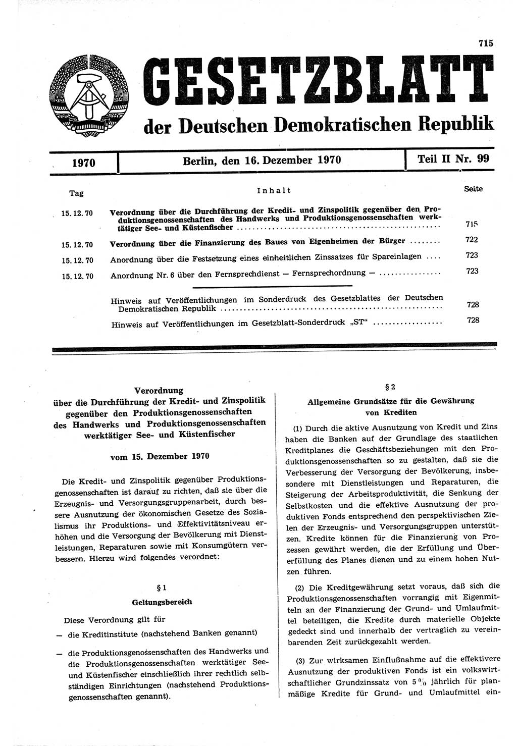 Gesetzblatt (GBl.) der Deutschen Demokratischen Republik (DDR) Teil ⅠⅠ 1970, Seite 715 (GBl. DDR ⅠⅠ 1970, S. 715)