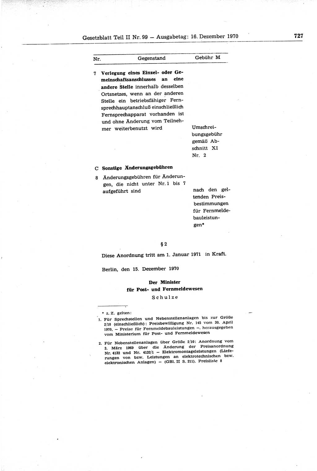 Gesetzblatt (GBl.) der Deutschen Demokratischen Republik (DDR) Teil ⅠⅠ 1970, Seite 727 (GBl. DDR ⅠⅠ 1970, S. 727)