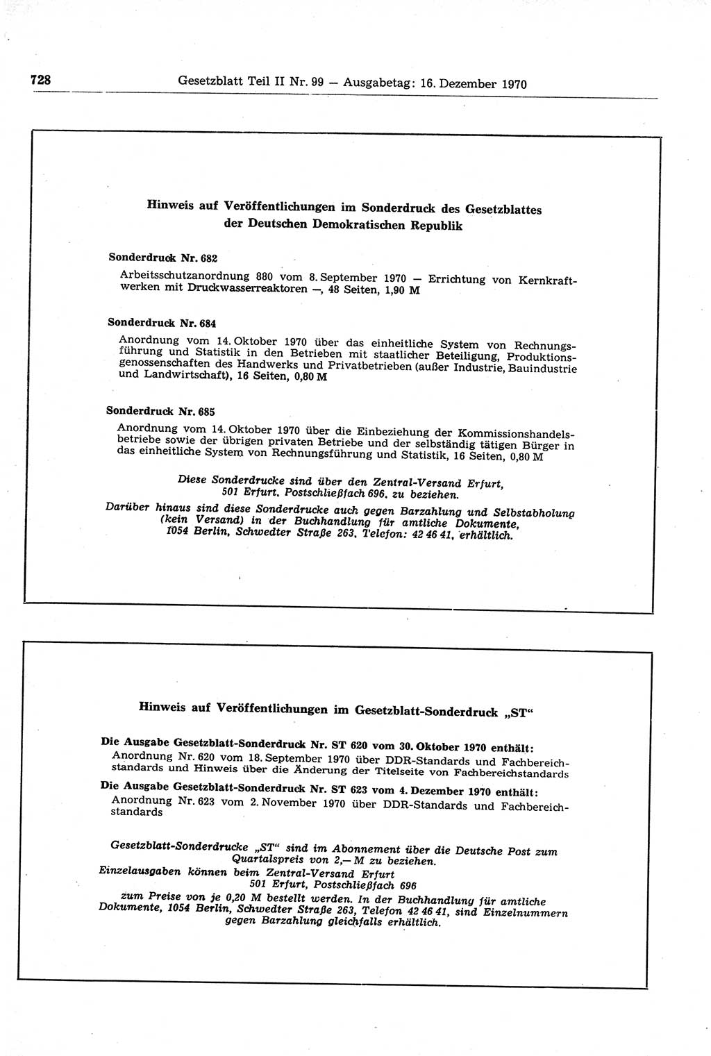 Gesetzblatt (GBl.) der Deutschen Demokratischen Republik (DDR) Teil ⅠⅠ 1970, Seite 728 (GBl. DDR ⅠⅠ 1970, S. 728)