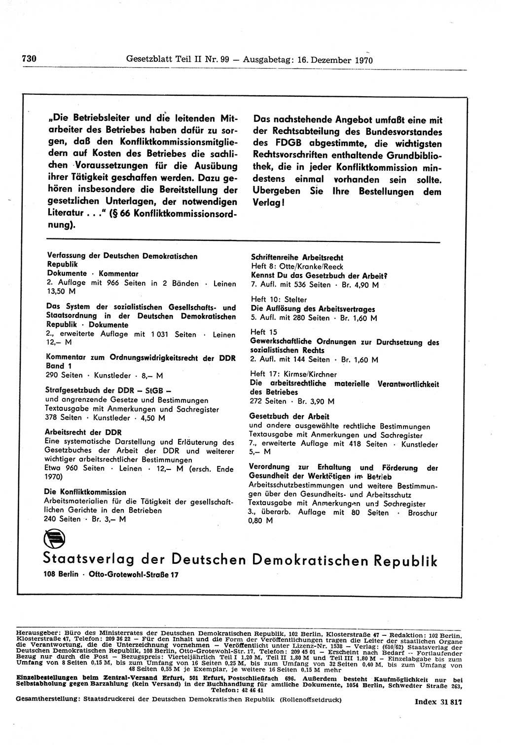 Gesetzblatt (GBl.) der Deutschen Demokratischen Republik (DDR) Teil ⅠⅠ 1970, Seite 730 (GBl. DDR ⅠⅠ 1970, S. 730)