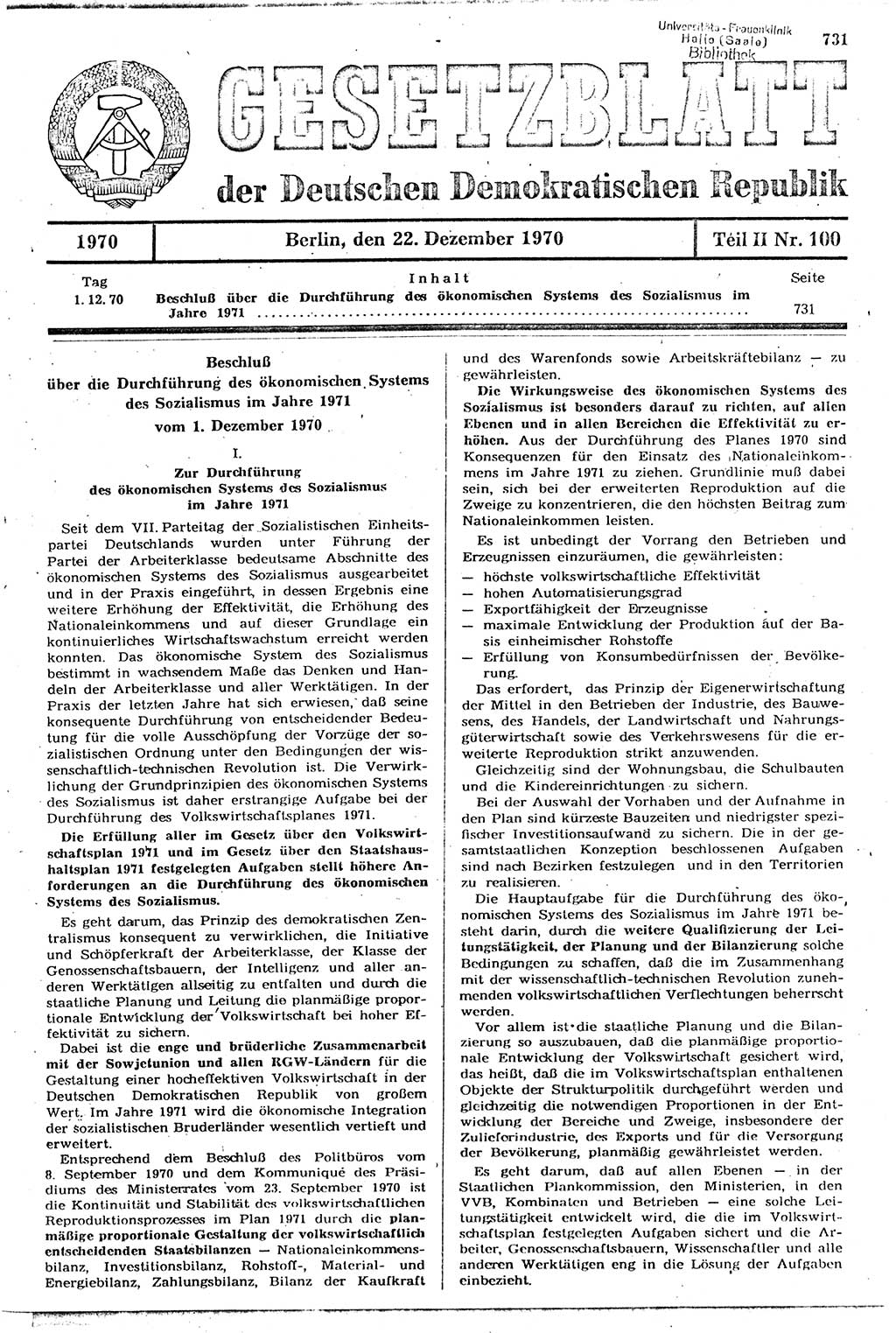 Gesetzblatt (GBl.) der Deutschen Demokratischen Republik (DDR) Teil ⅠⅠ 1970, Seite 731 (GBl. DDR ⅠⅠ 1970, S. 731)