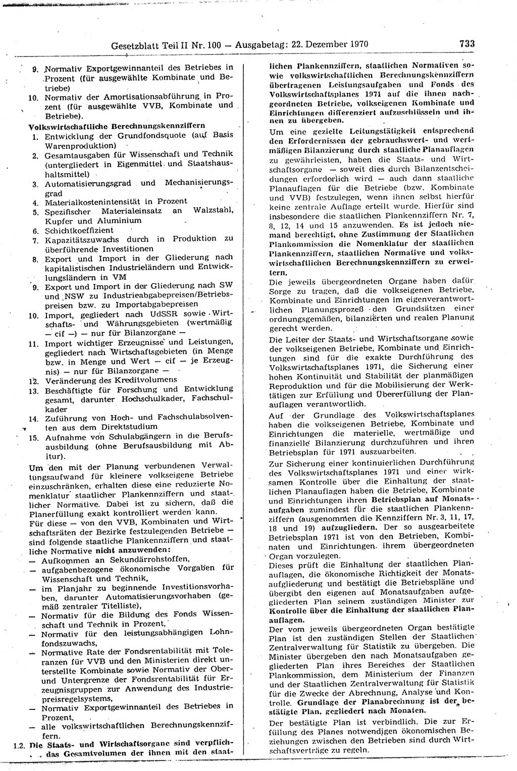 Gesetzblatt (GBl.) der Deutschen Demokratischen Republik (DDR) Teil ⅠⅠ 1970, Seite 733 (GBl. DDR ⅠⅠ 1970, S. 733)