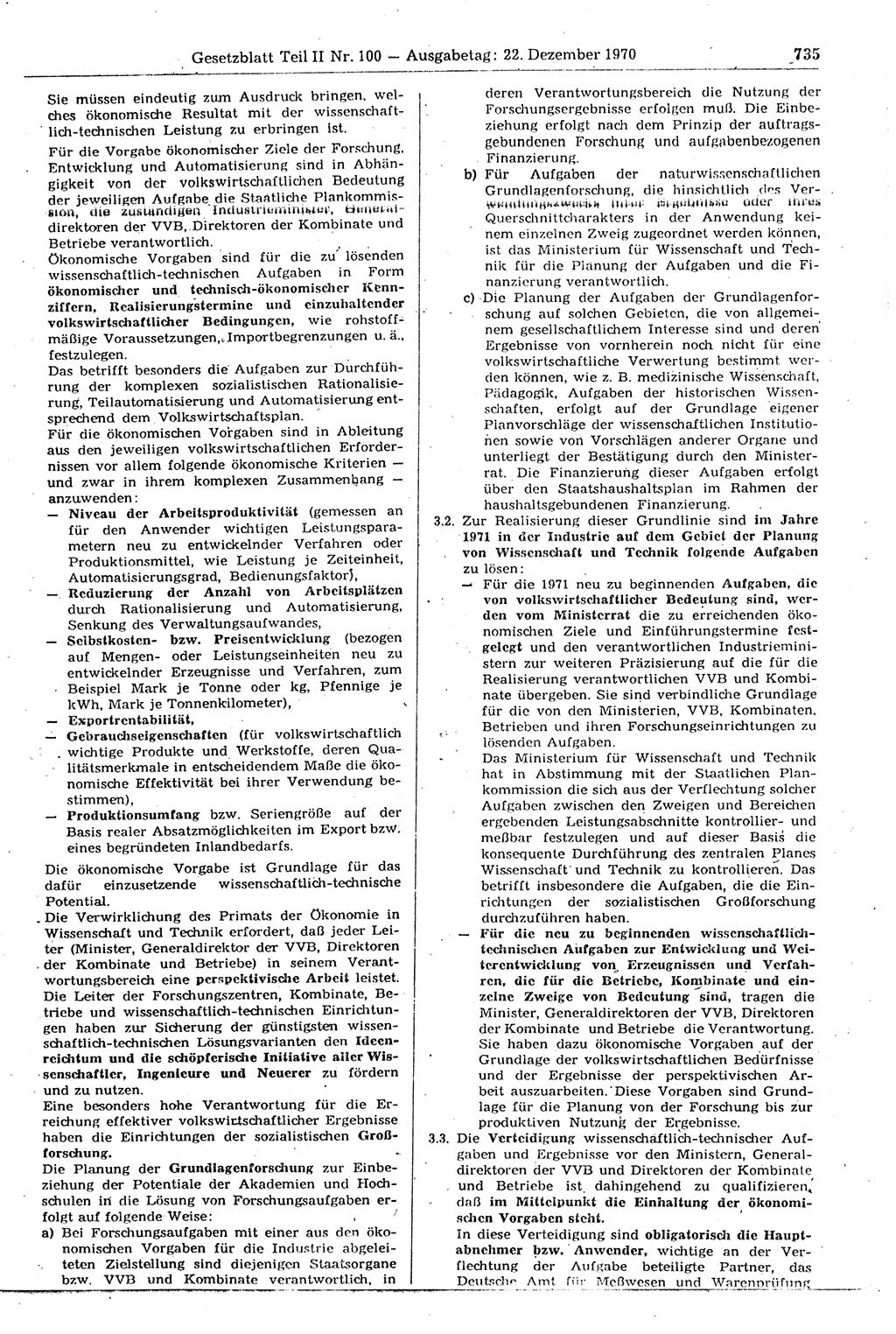 Gesetzblatt (GBl.) der Deutschen Demokratischen Republik (DDR) Teil ⅠⅠ 1970, Seite 735 (GBl. DDR ⅠⅠ 1970, S. 735)