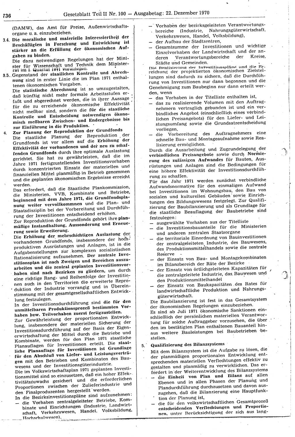 Gesetzblatt (GBl.) der Deutschen Demokratischen Republik (DDR) Teil ⅠⅠ 1970, Seite 736 (GBl. DDR ⅠⅠ 1970, S. 736)