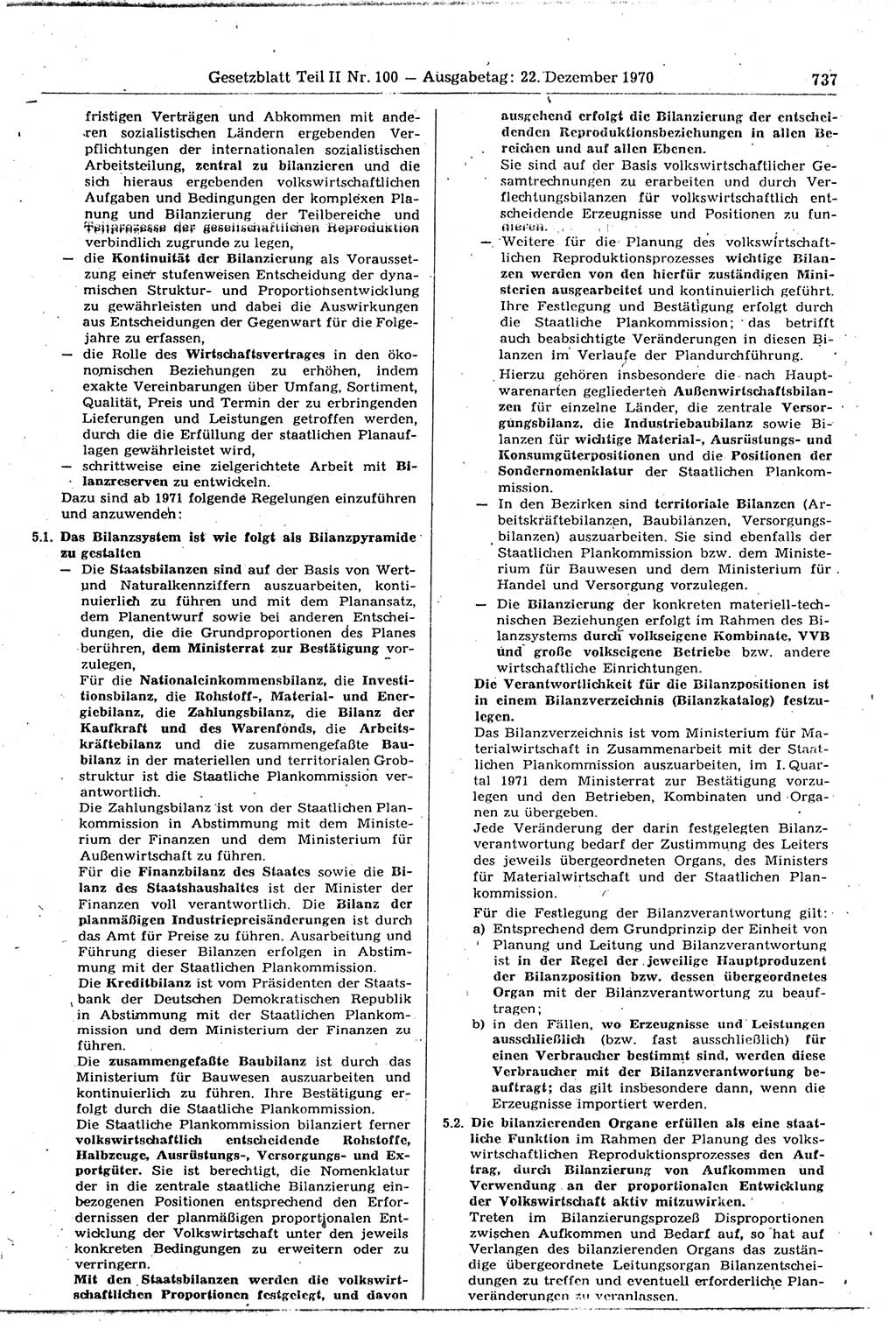 Gesetzblatt (GBl.) der Deutschen Demokratischen Republik (DDR) Teil ⅠⅠ 1970, Seite 737 (GBl. DDR ⅠⅠ 1970, S. 737)