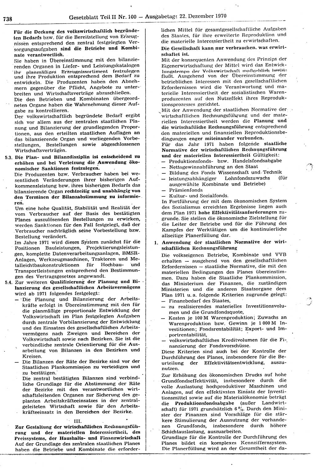 Gesetzblatt (GBl.) der Deutschen Demokratischen Republik (DDR) Teil ⅠⅠ 1970, Seite 738 (GBl. DDR ⅠⅠ 1970, S. 738)