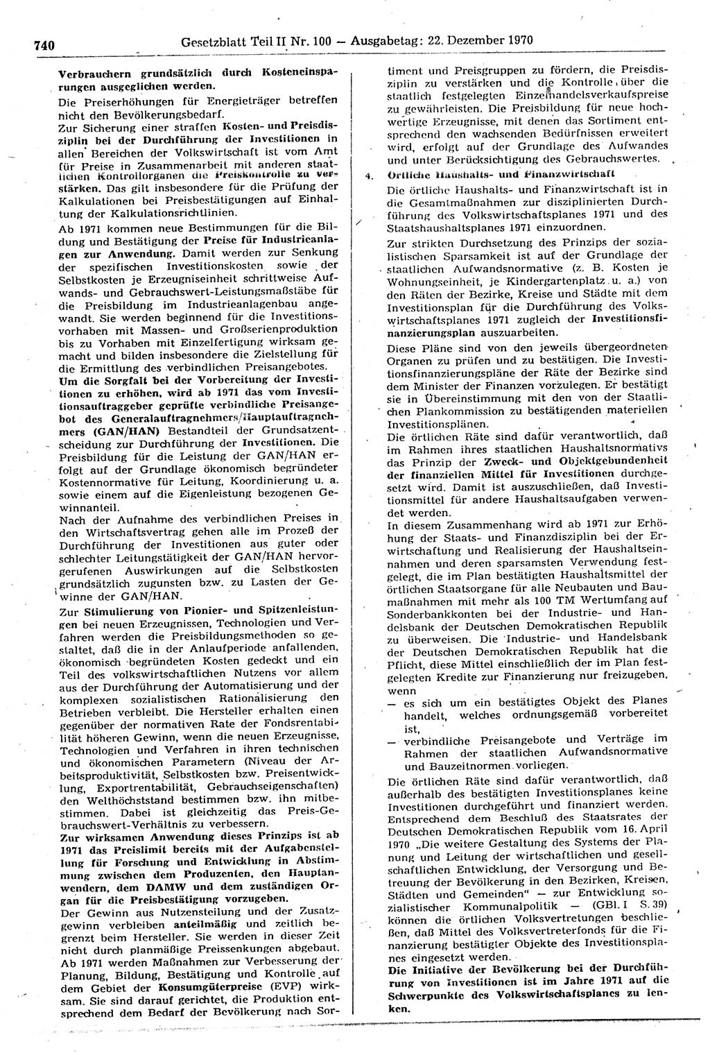 Gesetzblatt (GBl.) der Deutschen Demokratischen Republik (DDR) Teil ⅠⅠ 1970, Seite 740 (GBl. DDR ⅠⅠ 1970, S. 740)