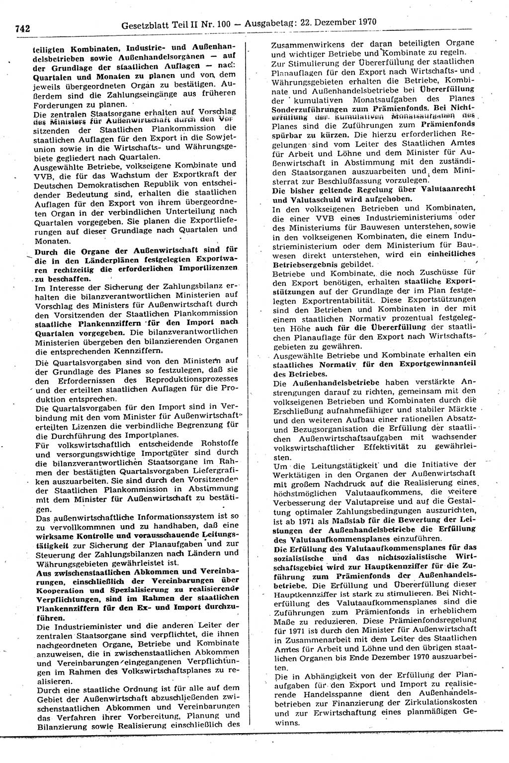 Gesetzblatt (GBl.) der Deutschen Demokratischen Republik (DDR) Teil ⅠⅠ 1970, Seite 742 (GBl. DDR ⅠⅠ 1970, S. 742)
