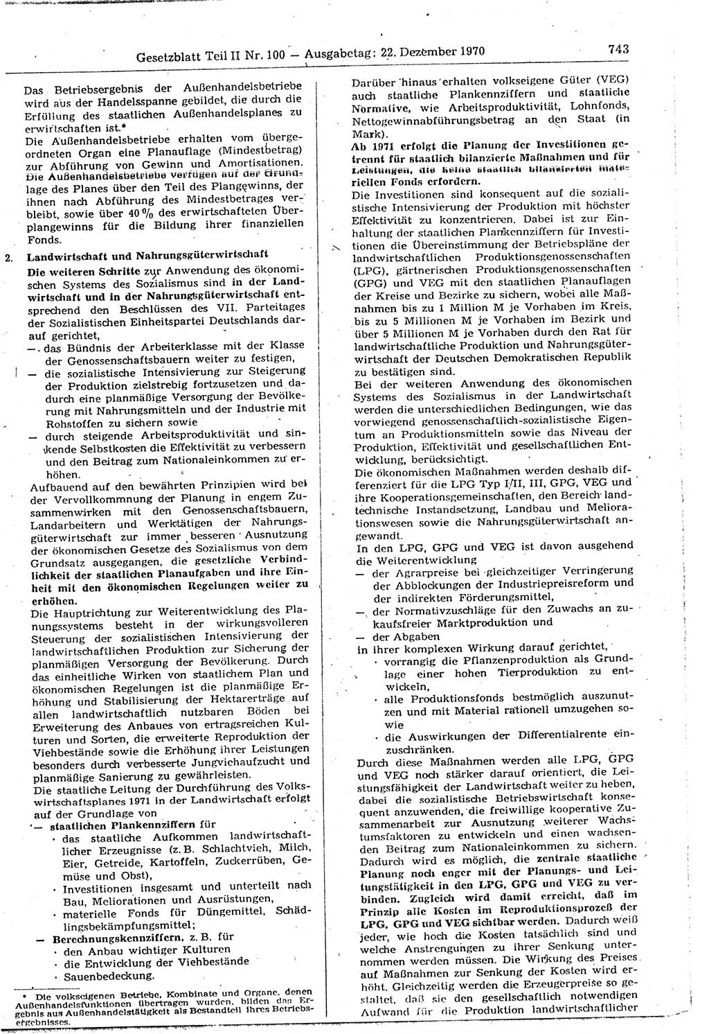 Gesetzblatt (GBl.) der Deutschen Demokratischen Republik (DDR) Teil ⅠⅠ 1970, Seite 743 (GBl. DDR ⅠⅠ 1970, S. 743)