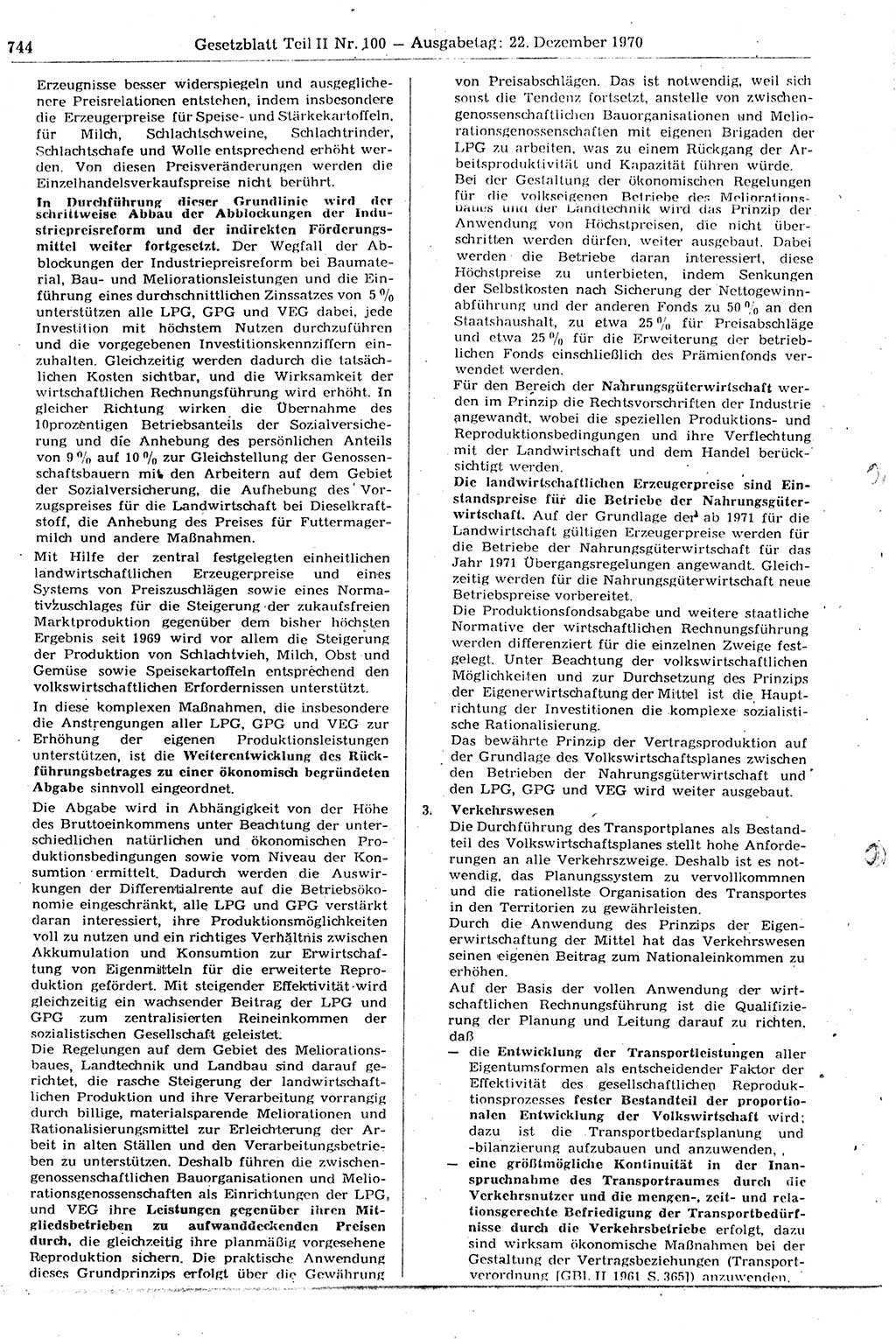 Gesetzblatt (GBl.) der Deutschen Demokratischen Republik (DDR) Teil ⅠⅠ 1970, Seite 744 (GBl. DDR ⅠⅠ 1970, S. 744)