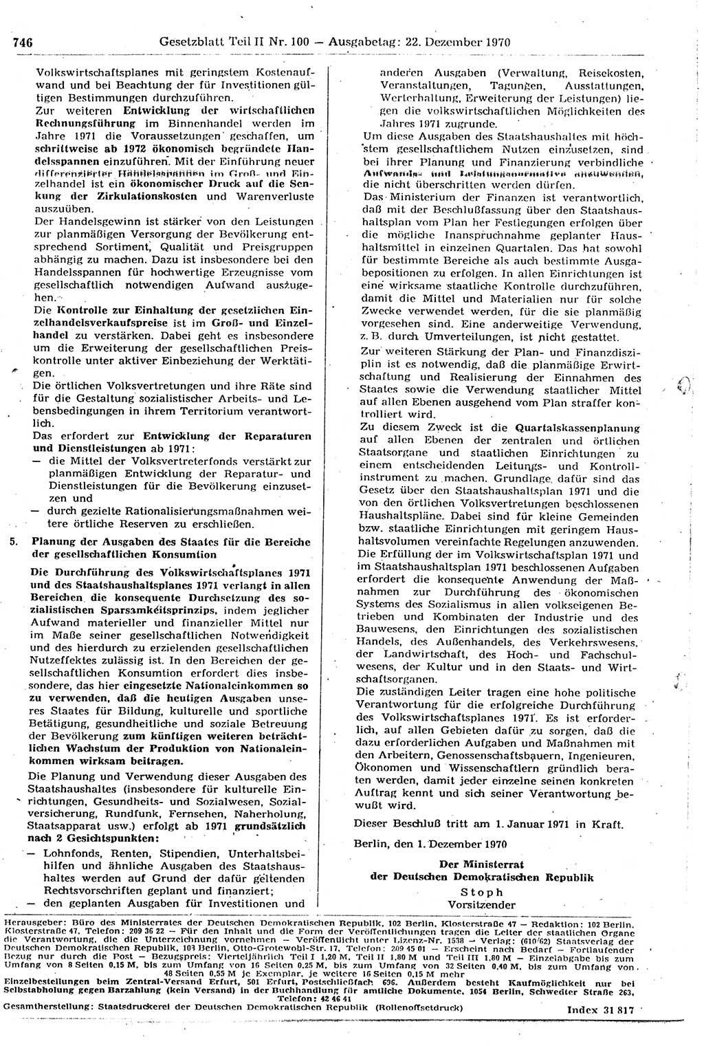 Gesetzblatt (GBl.) der Deutschen Demokratischen Republik (DDR) Teil ⅠⅠ 1970, Seite 746 (GBl. DDR ⅠⅠ 1970, S. 746)