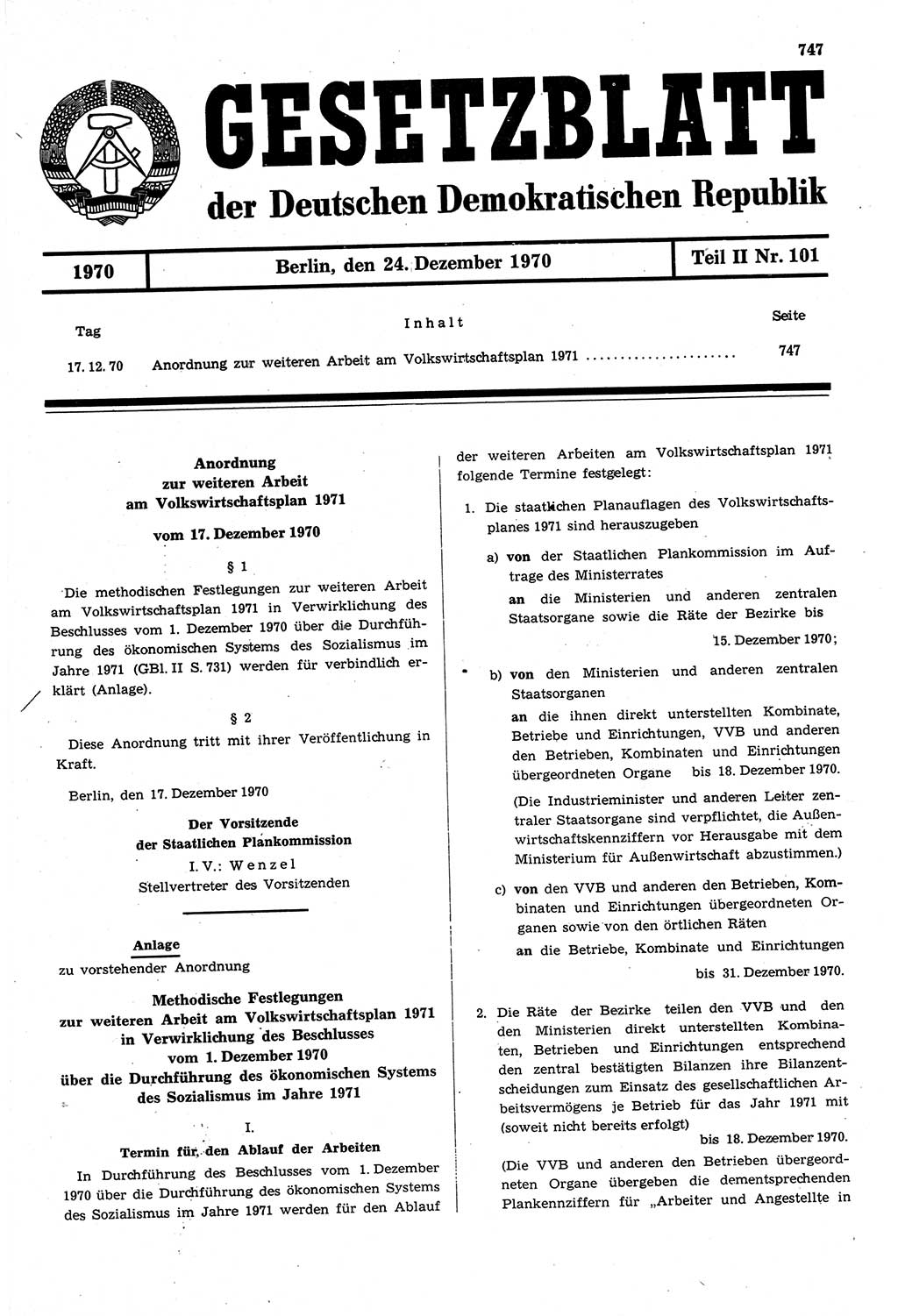 Gesetzblatt (GBl.) der Deutschen Demokratischen Republik (DDR) Teil ⅠⅠ 1970, Seite 747 (GBl. DDR ⅠⅠ 1970, S. 747)