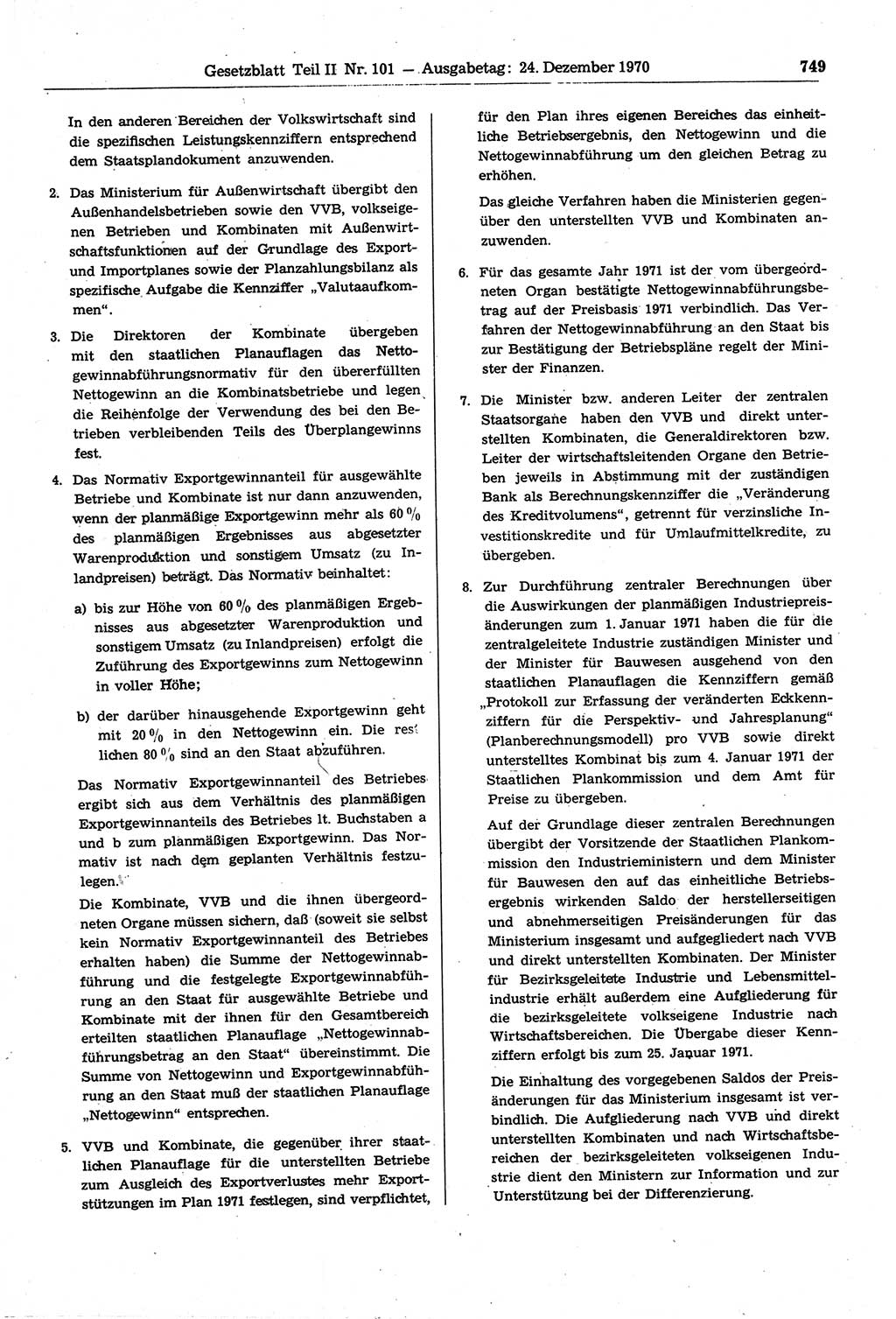 Gesetzblatt (GBl.) der Deutschen Demokratischen Republik (DDR) Teil ⅠⅠ 1970, Seite 749 (GBl. DDR ⅠⅠ 1970, S. 749)
