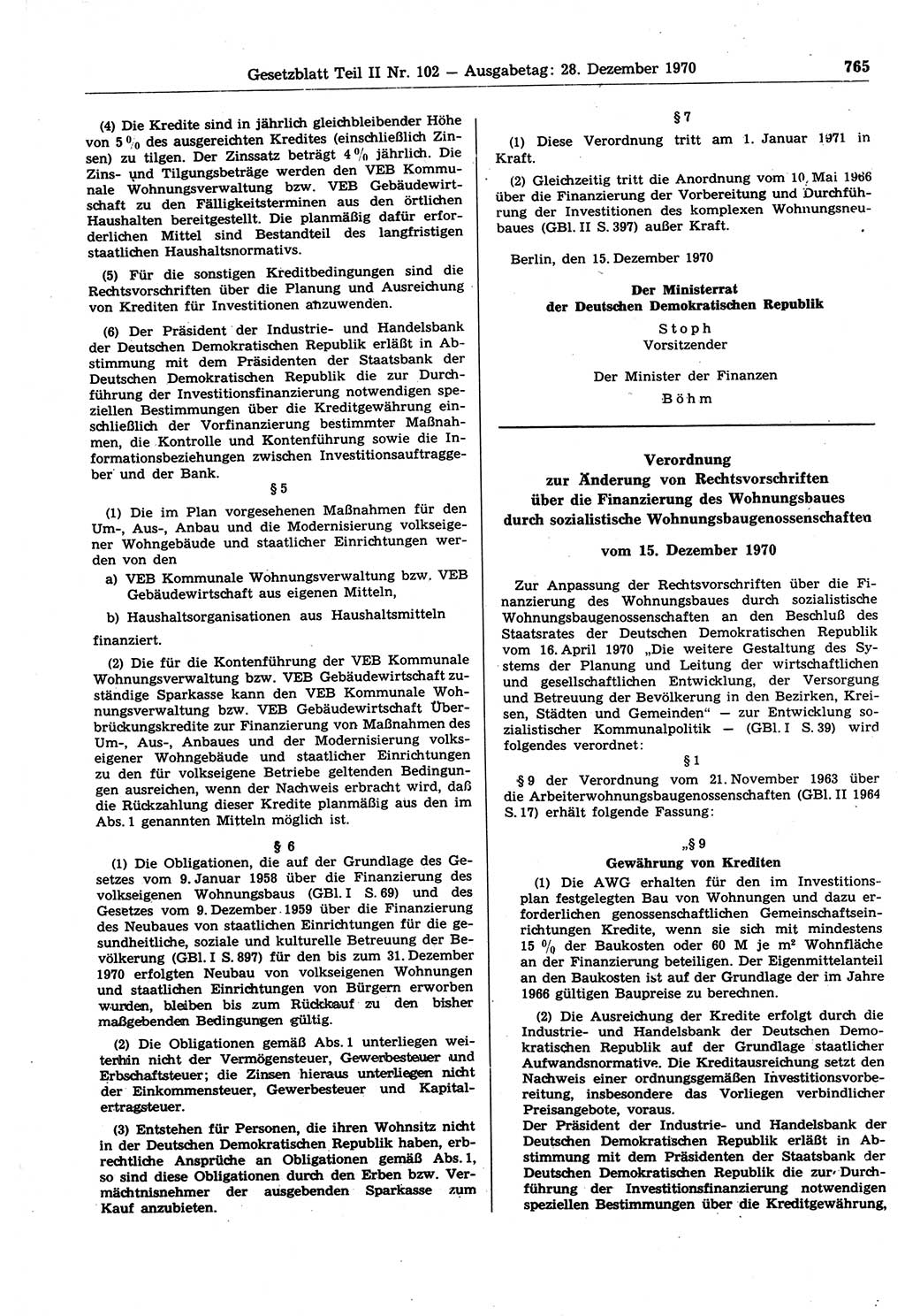 Gesetzblatt (GBl.) der Deutschen Demokratischen Republik (DDR) Teil ⅠⅠ 1970, Seite 765 (GBl. DDR ⅠⅠ 1970, S. 765)