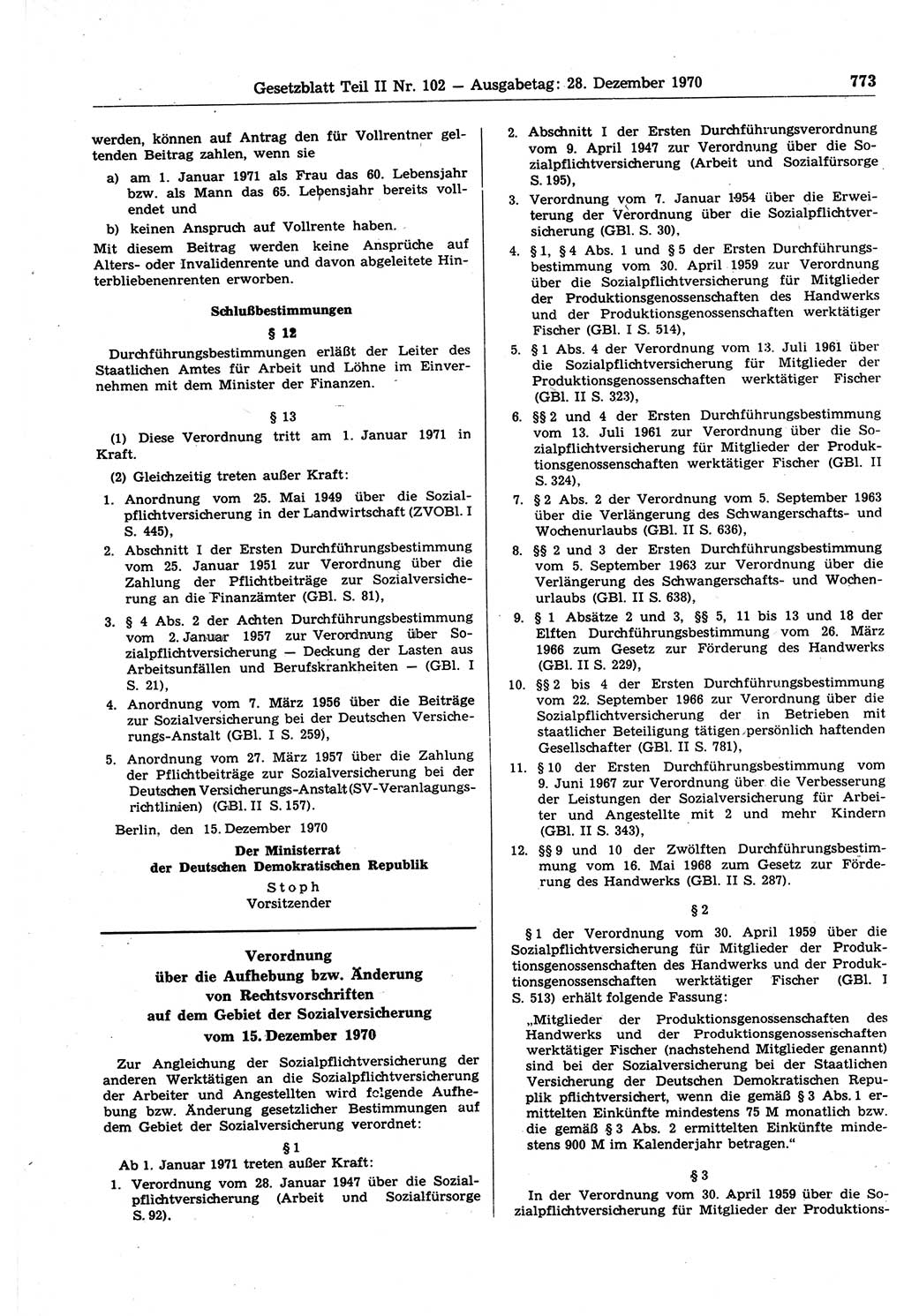 Gesetzblatt (GBl.) der Deutschen Demokratischen Republik (DDR) Teil ⅠⅠ 1970, Seite 773 (GBl. DDR ⅠⅠ 1970, S. 773)