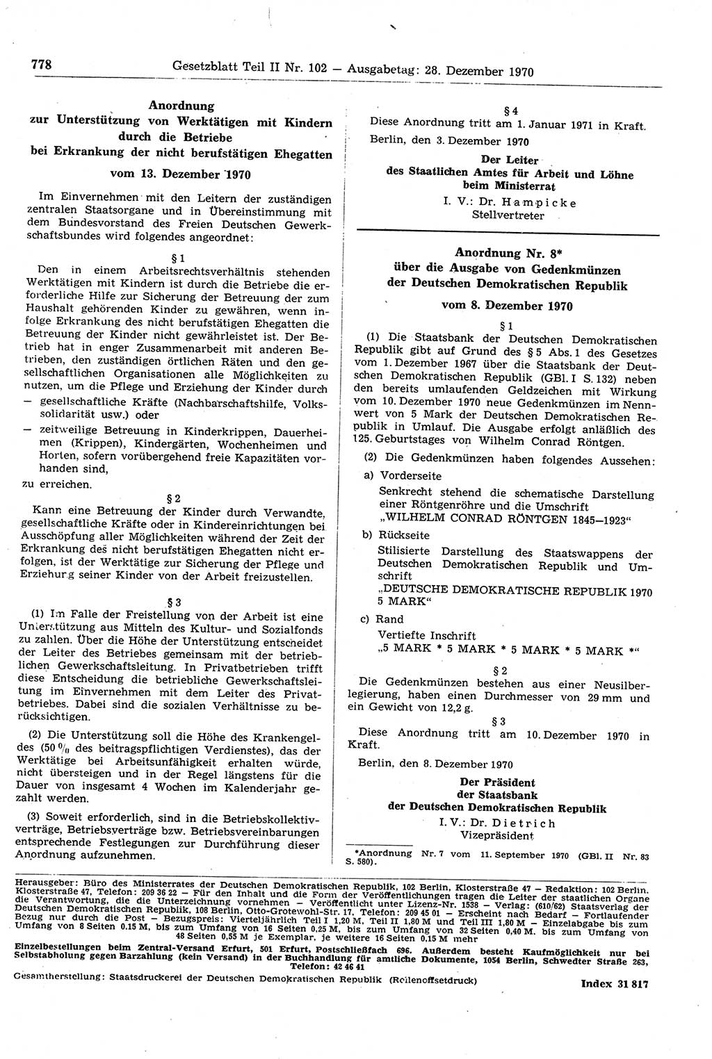 Gesetzblatt (GBl.) der Deutschen Demokratischen Republik (DDR) Teil ⅠⅠ 1970, Seite 778 (GBl. DDR ⅠⅠ 1970, S. 778)