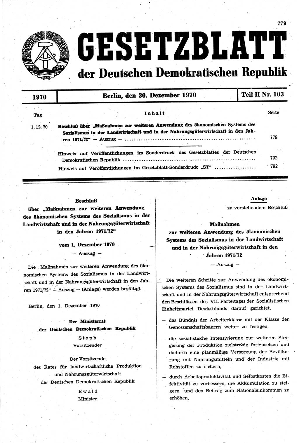 Gesetzblatt (GBl.) der Deutschen Demokratischen Republik (DDR) Teil ⅠⅠ 1970, Seite 779 (GBl. DDR ⅠⅠ 1970, S. 779)