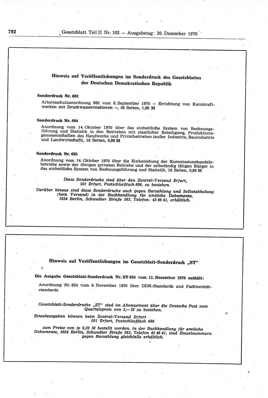 Gesetzblatt (GBl.) der Deutschen Demokratischen Republik (DDR) Teil ⅠⅠ 1970, Seite 792 (GBl. DDR ⅠⅠ 1970, S. 792)