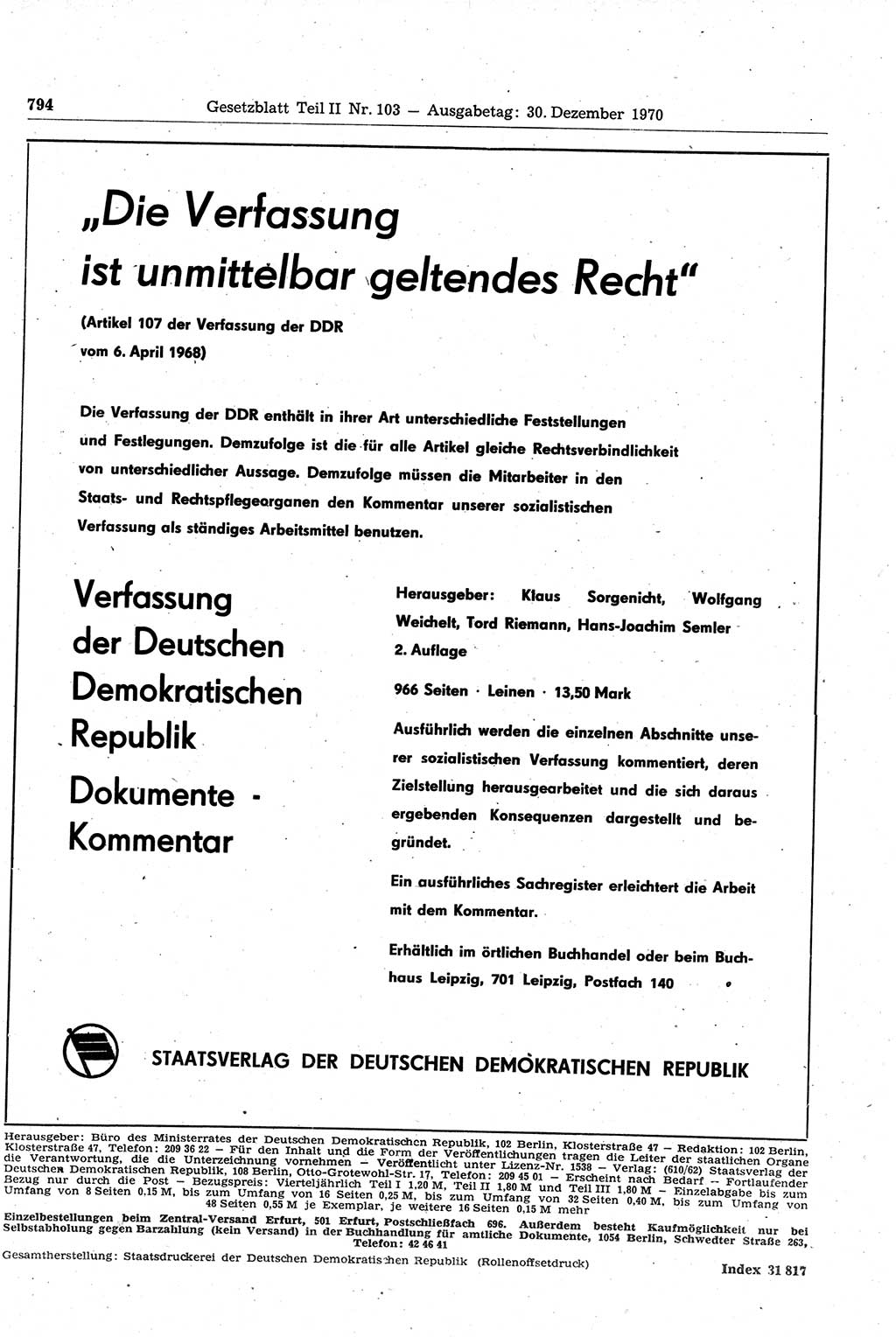 Gesetzblatt (GBl.) der Deutschen Demokratischen Republik (DDR) Teil ⅠⅠ 1970, Seite 794 (GBl. DDR ⅠⅠ 1970, S. 794)