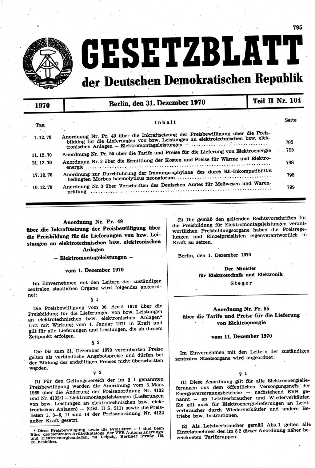 Gesetzblatt (GBl.) der Deutschen Demokratischen Republik (DDR) Teil ⅠⅠ 1970, Seite 795 (GBl. DDR ⅠⅠ 1970, S. 795)