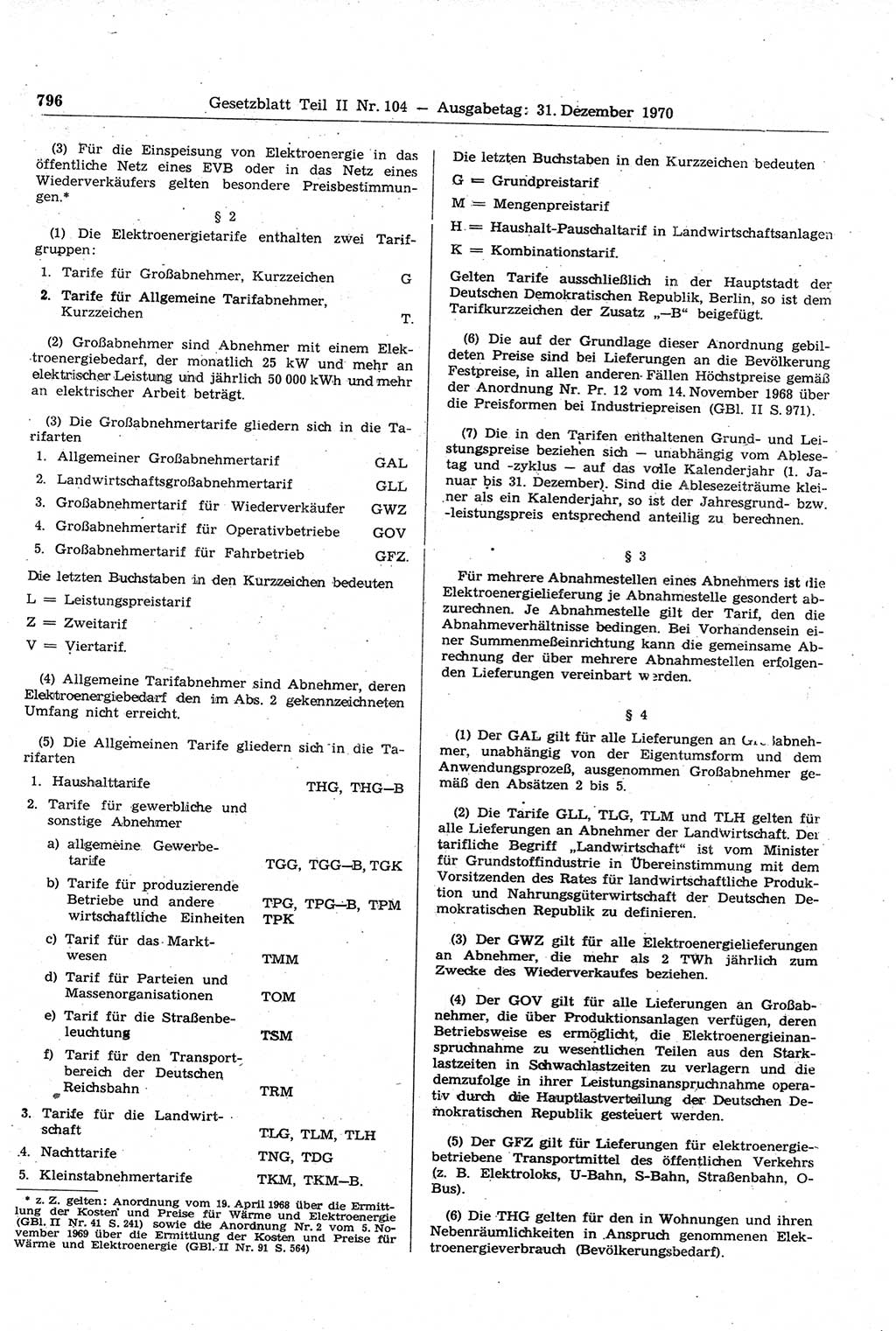 Gesetzblatt (GBl.) der Deutschen Demokratischen Republik (DDR) Teil ⅠⅠ 1970, Seite 796 (GBl. DDR ⅠⅠ 1970, S. 796)