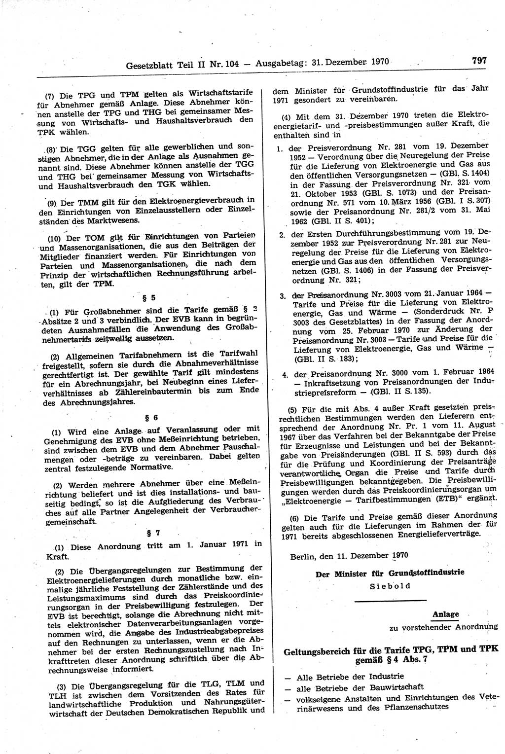 Gesetzblatt (GBl.) der Deutschen Demokratischen Republik (DDR) Teil ⅠⅠ 1970, Seite 797 (GBl. DDR ⅠⅠ 1970, S. 797)